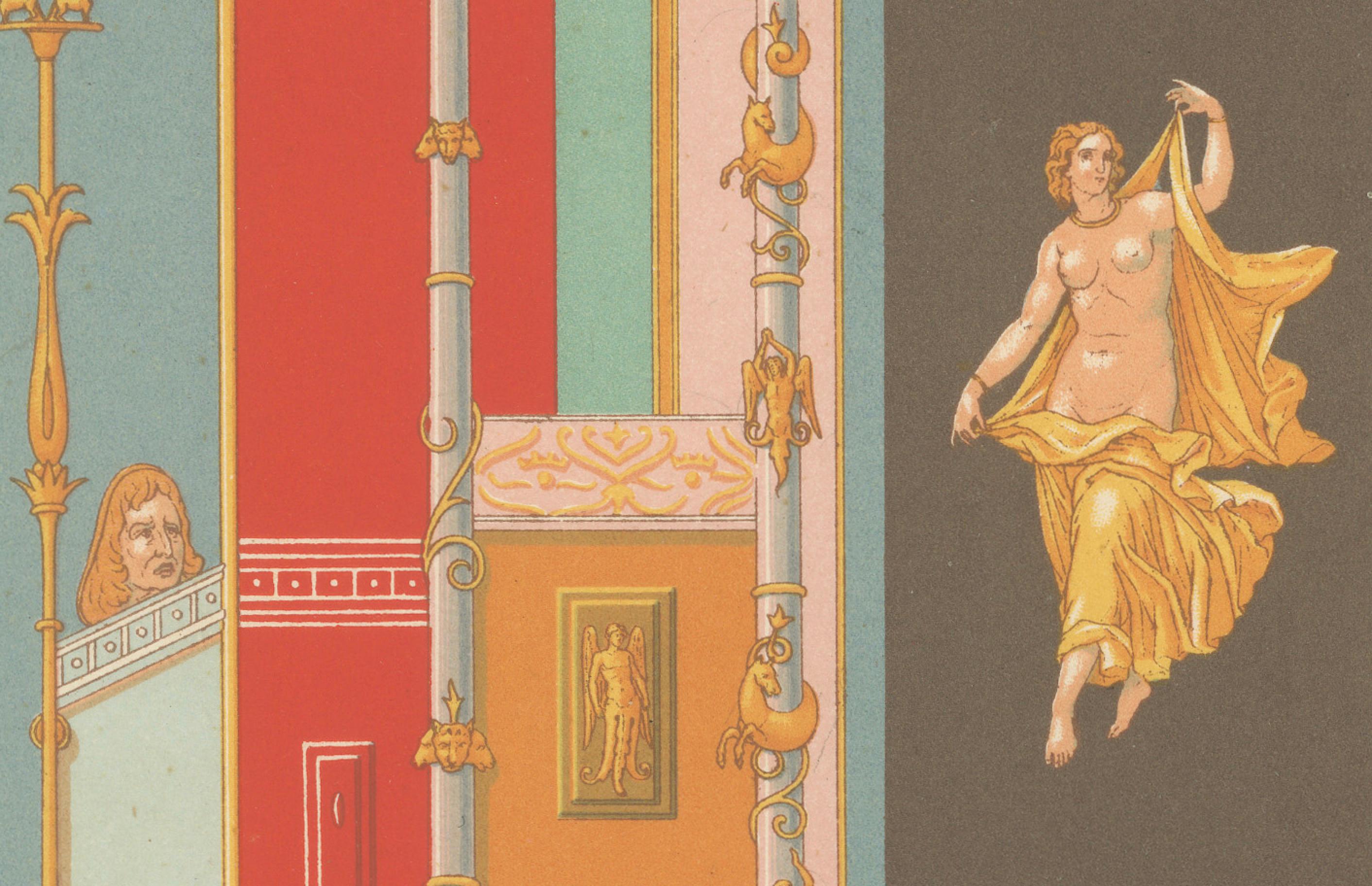 Fresco mural greco-romano - Litografía antigua de un interior clásico, c.1869 en Bueno estado para la venta en Langweer, NL