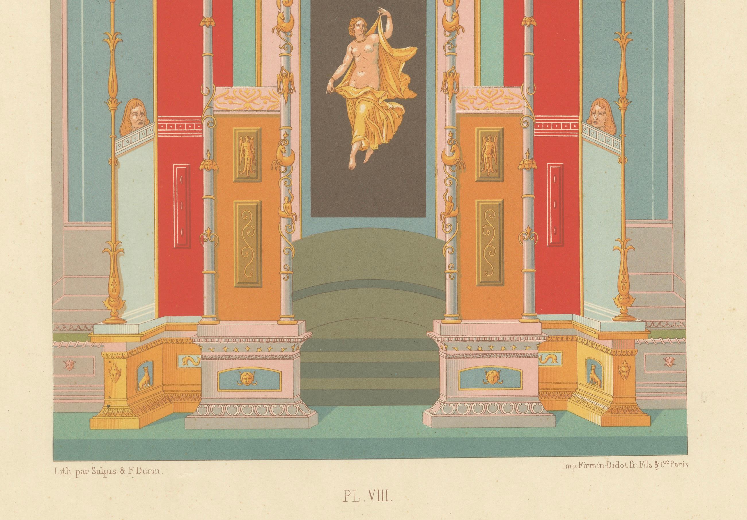 Fresco mural greco-romano - Litografía antigua de un interior clásico, c.1869 siglo XIX en venta