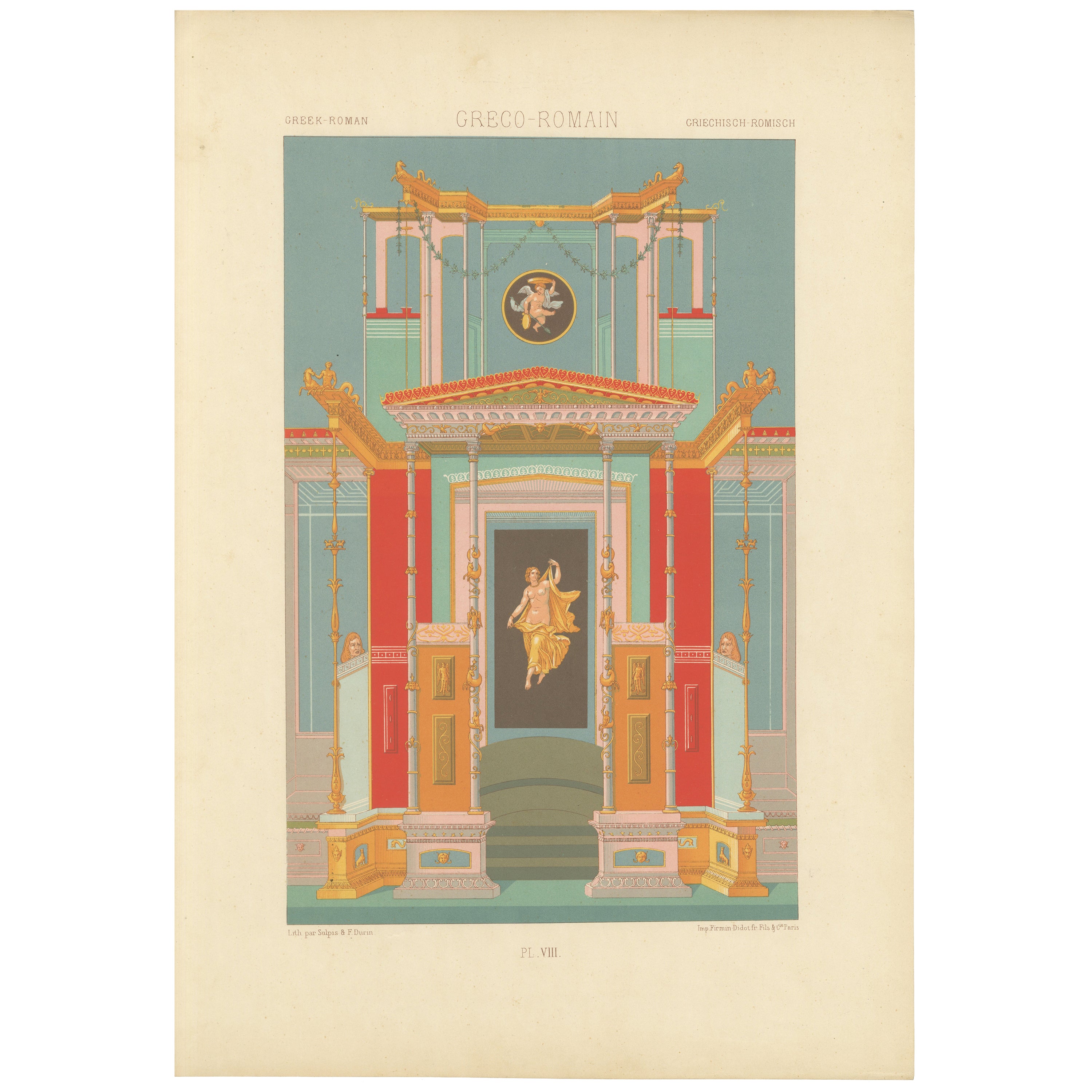 Stampa affresco greco-romano - Litografia antica di un interno classico, 1869 ca.