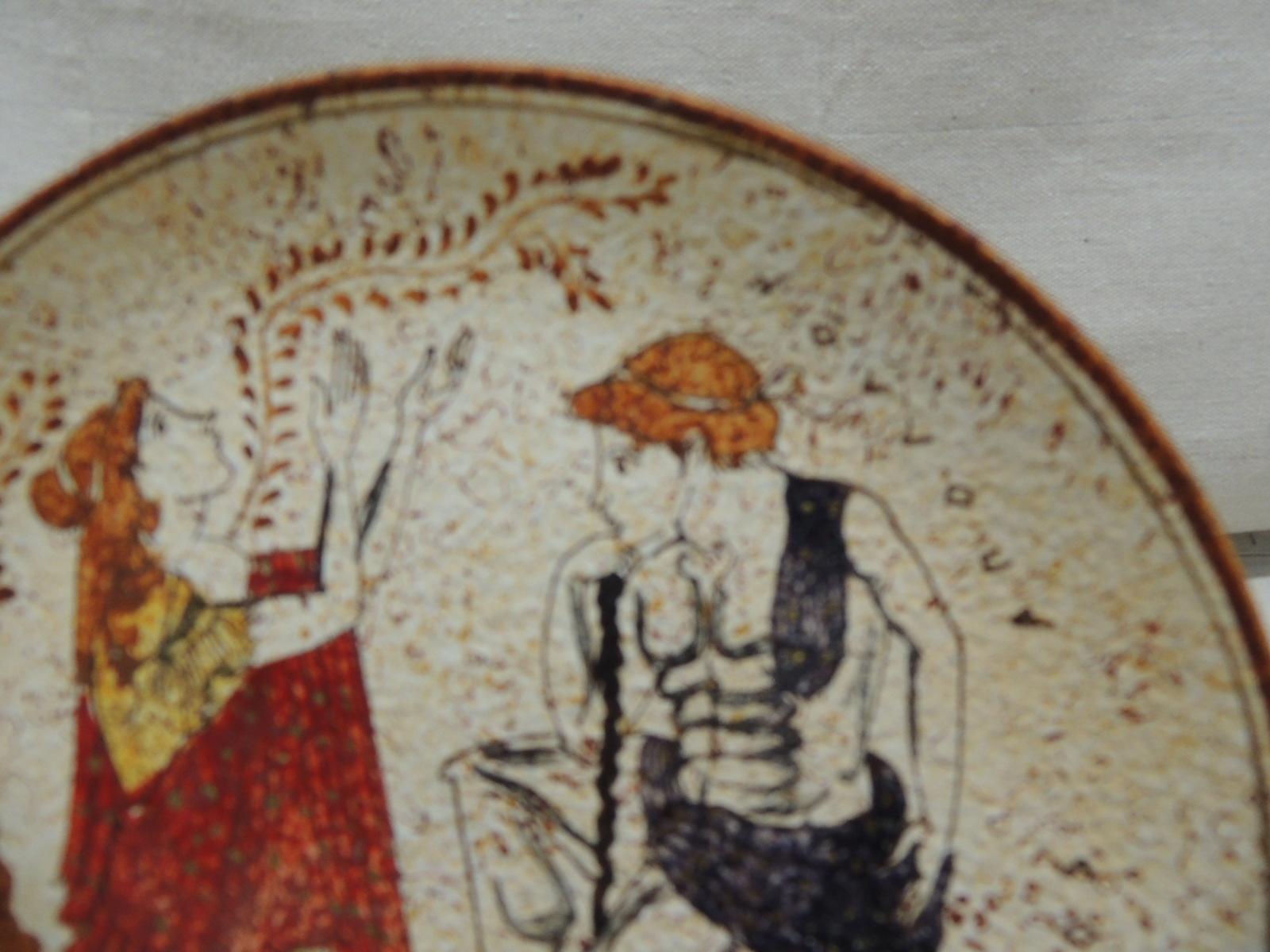 Greek Round Hand Painted Brown and Orange Decorative Plate For Sale at
