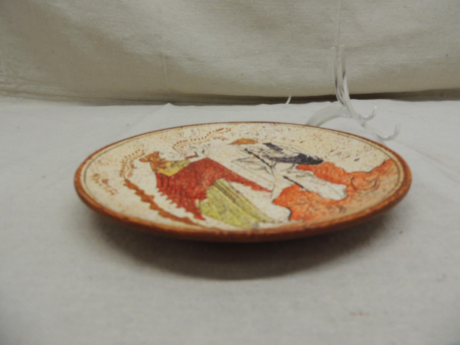 Greek Round Hand Painted Brown and Orange Decorative Plate For Sale at