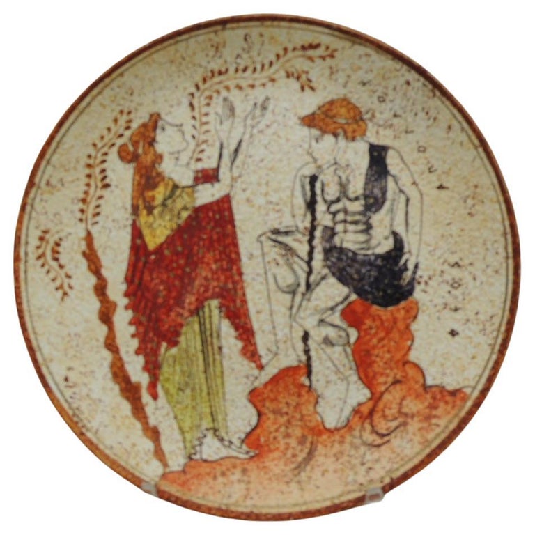 Greek Round Hand Painted Brown and Orange Decorative Plate For Sale at