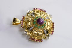 Greek Ruby Emerald Diamond Gold Pendant/Brooch