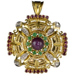 Greek Ruby Emerald Diamond Gold Pendant/Brooch