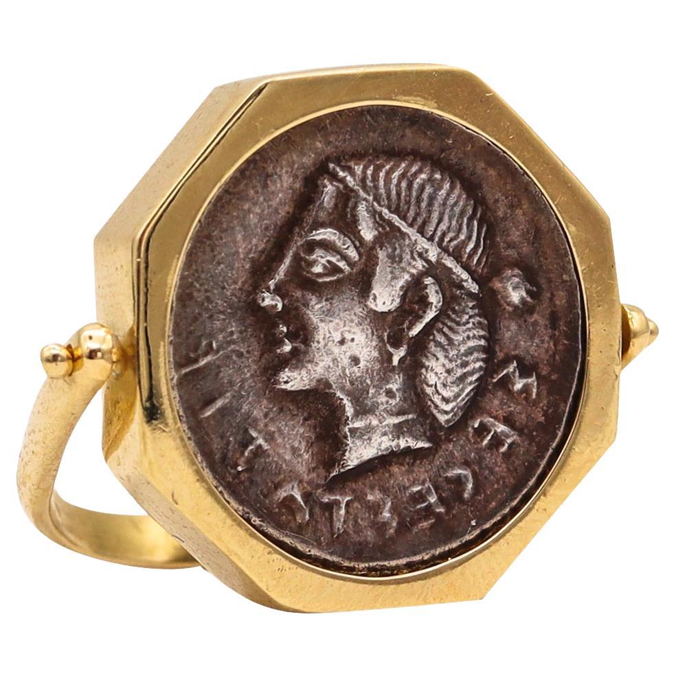 Greek Sicily 461 BC Segesta Ancient Coin Flip Signet Ring in 18kt Yellow Gold