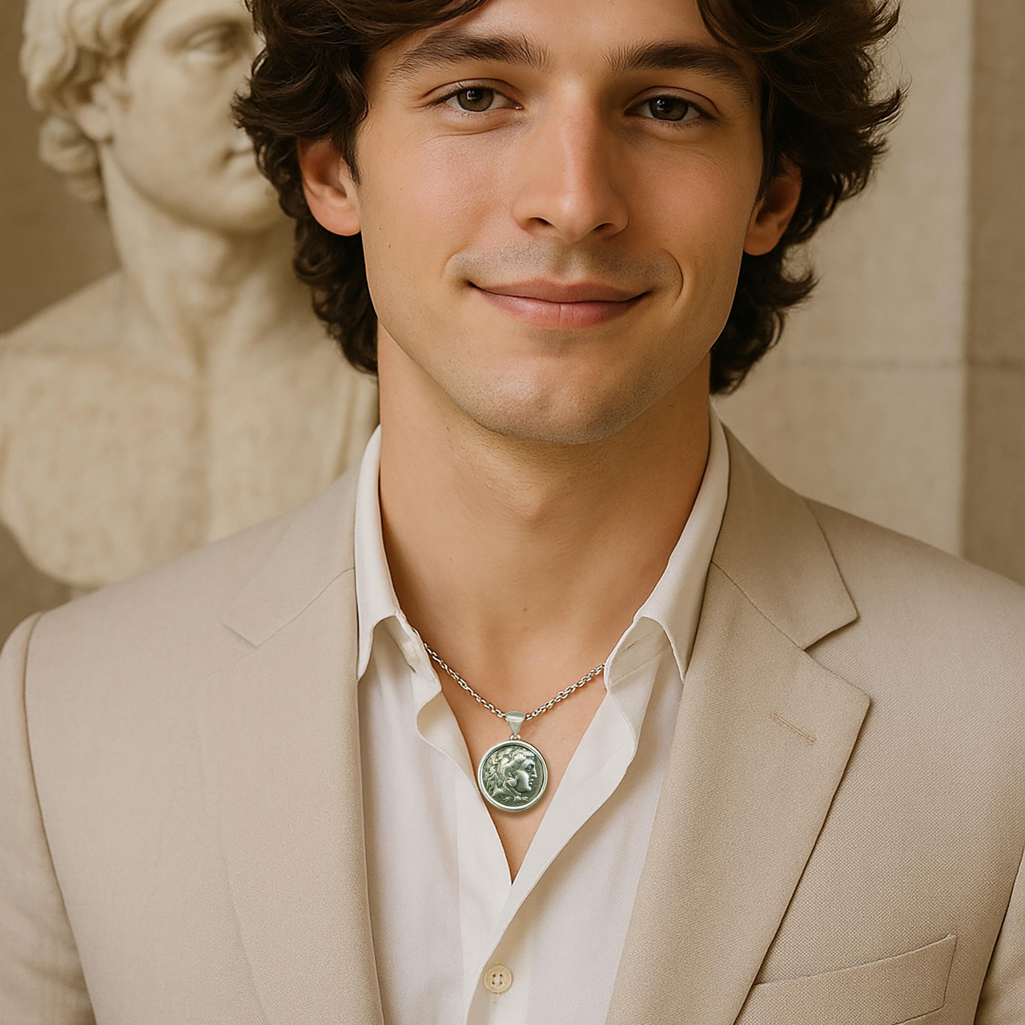 Questo ciondolo presenta una splendida moneta d'argento greca del IV secolo a.C. coniata da Alexander il Grande. La moneta raffigura il leggendario eroe Eracle (noto come Ercole nella mitologia romana) che indossa una pelle di leone. Al rovescio,