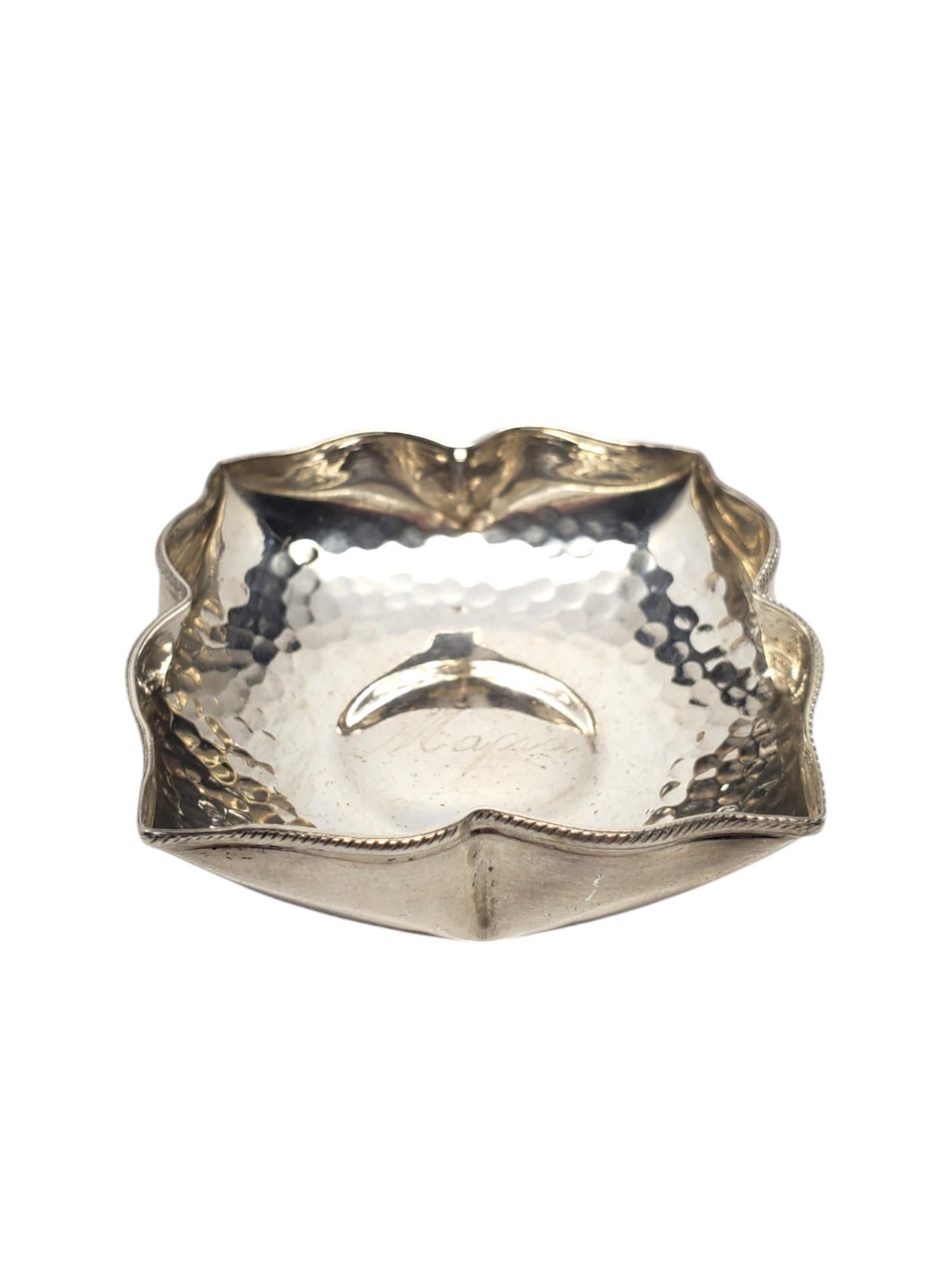 Greek Sterling Silver Hammered Pedal Dish With Mapia Engraving # 19628 In Good Condition For Sale In Washington Depot, CT