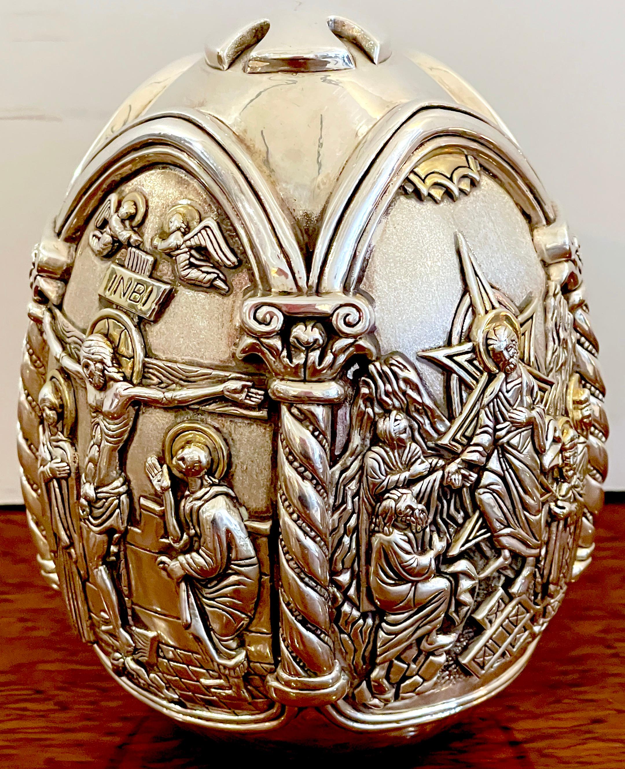 Cast Greek Sterling Tetralogy Icon Egg Sculpture of Christ's Life For Sale