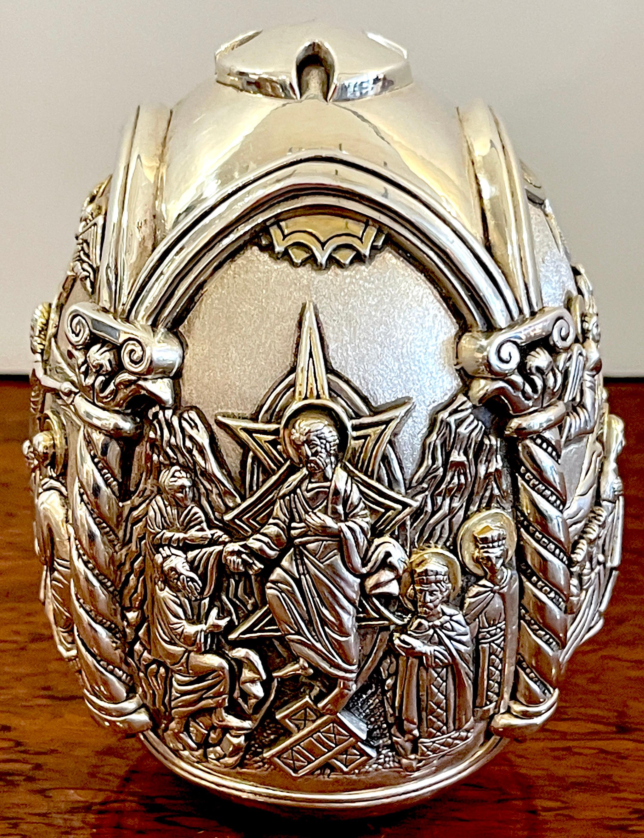 Greek Sterling Tetralogy Icon Egg Sculpture of Christ's Life In Good Condition For Sale In West Palm Beach, FL