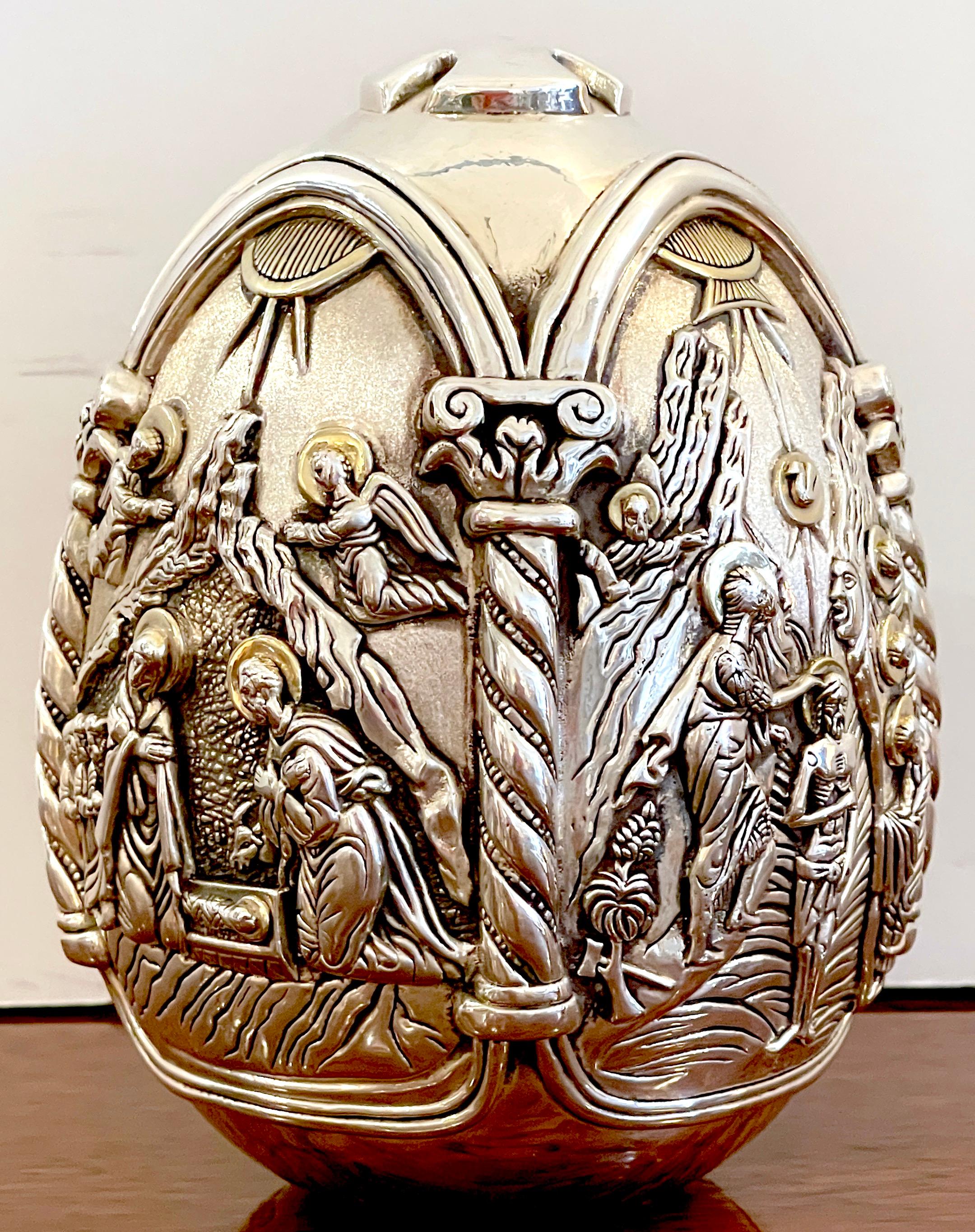 Sterling Silver Greek Sterling Tetralogy Icon Egg Sculpture of Christ's Life For Sale