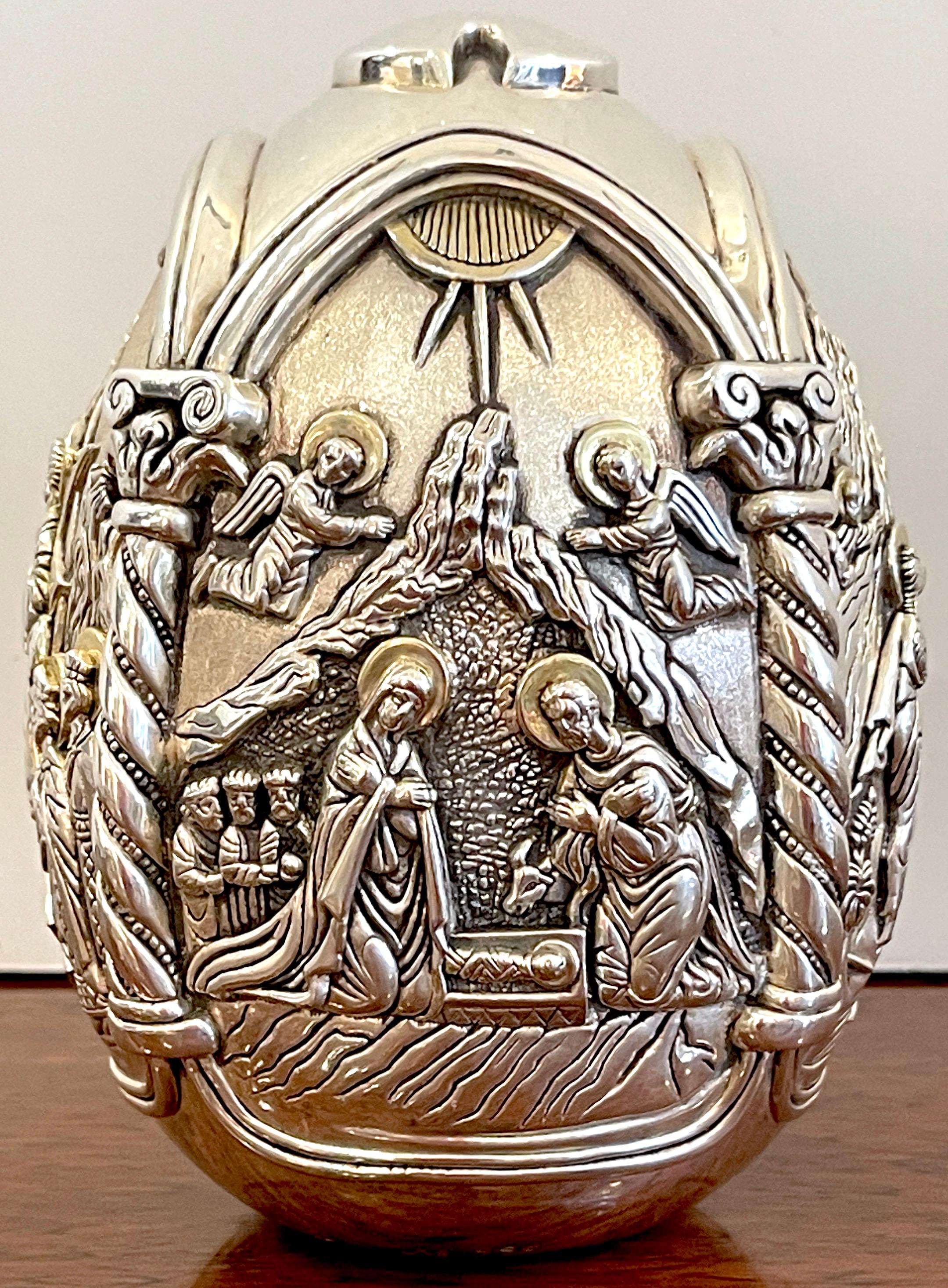 Greek Sterling Tetralogy Icon Egg Sculpture of Christ's Life For Sale 1