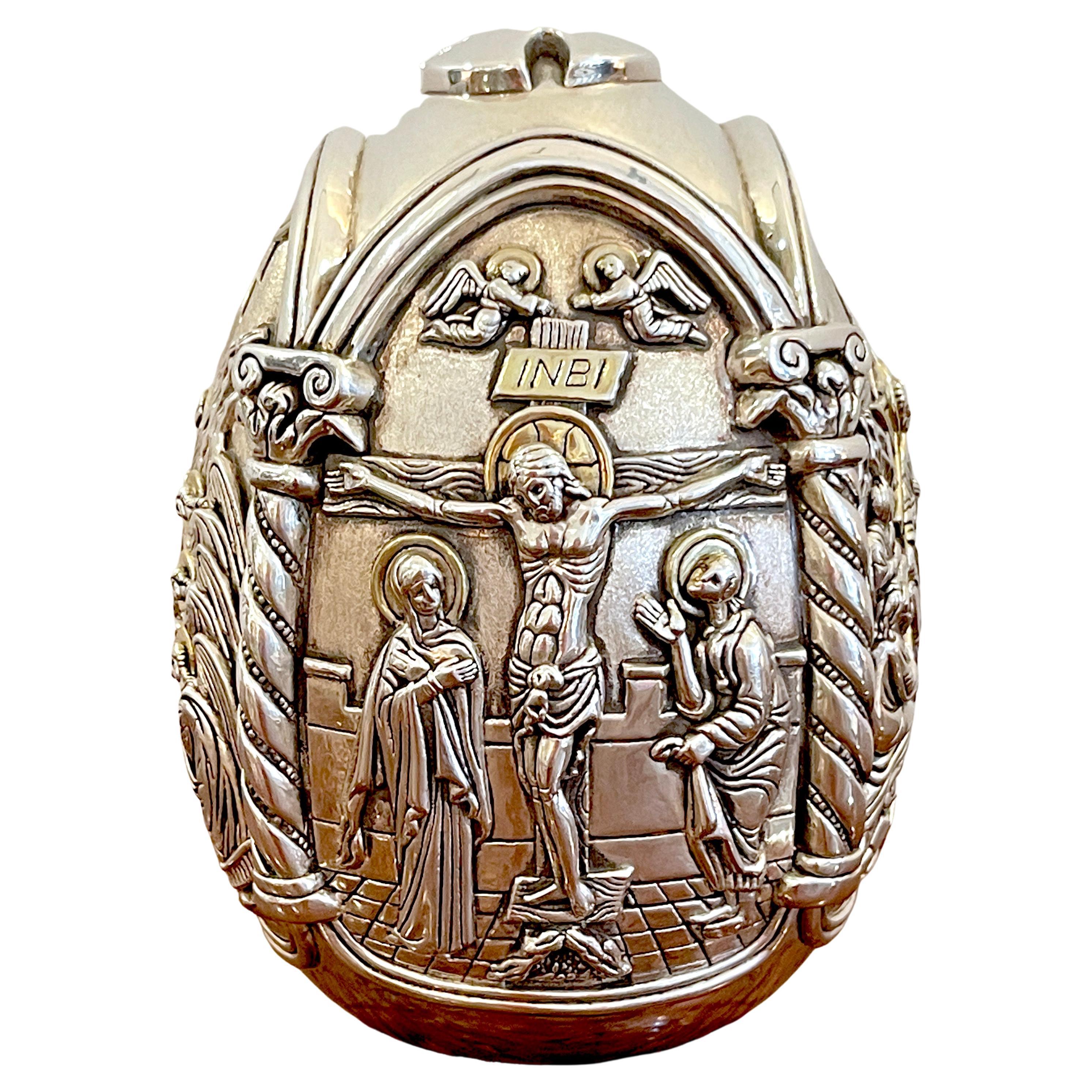 Greek Sterling Tetralogy Icon Egg Sculpture of Christ's Life For Sale