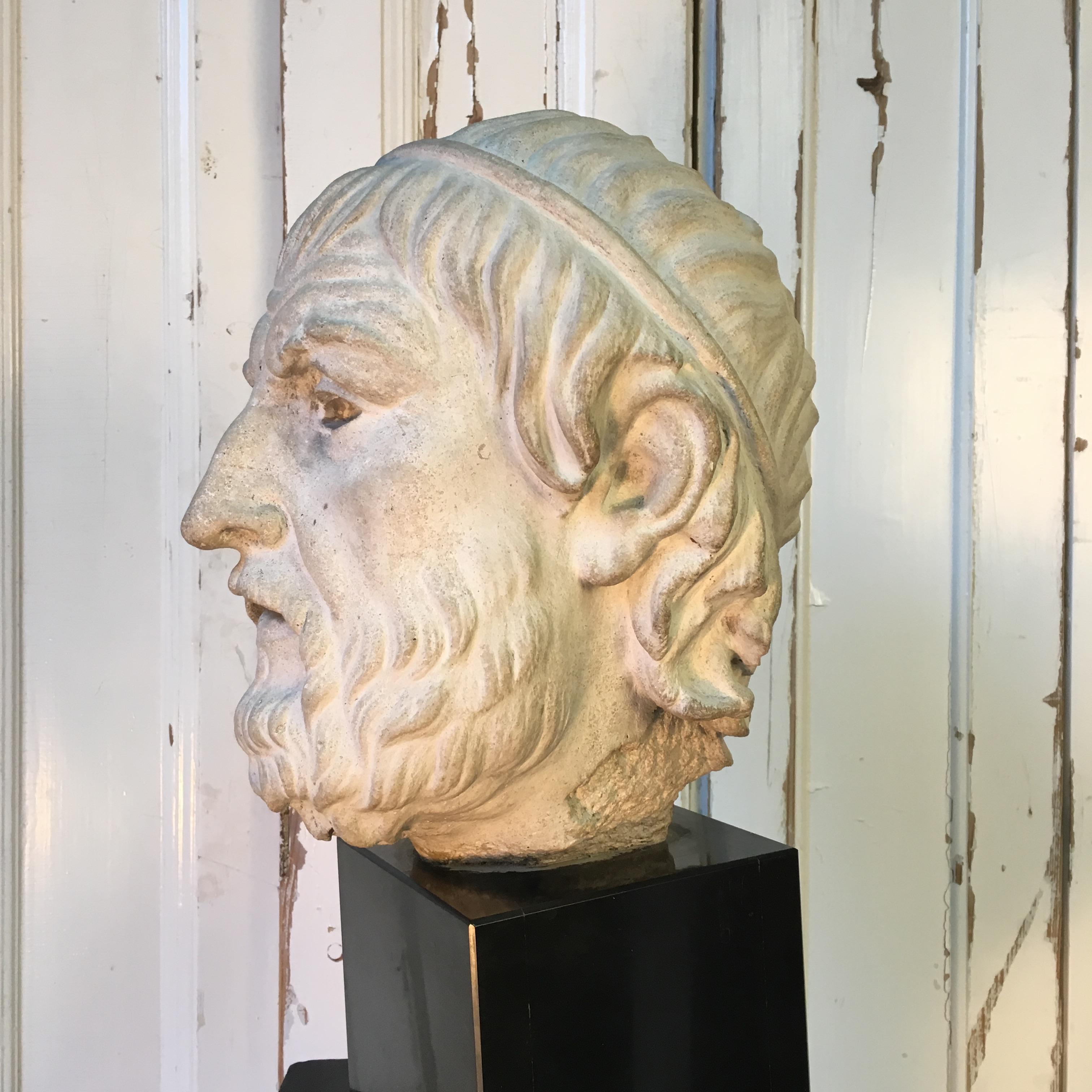Greek Revival Greek Stone Head with Marble Base