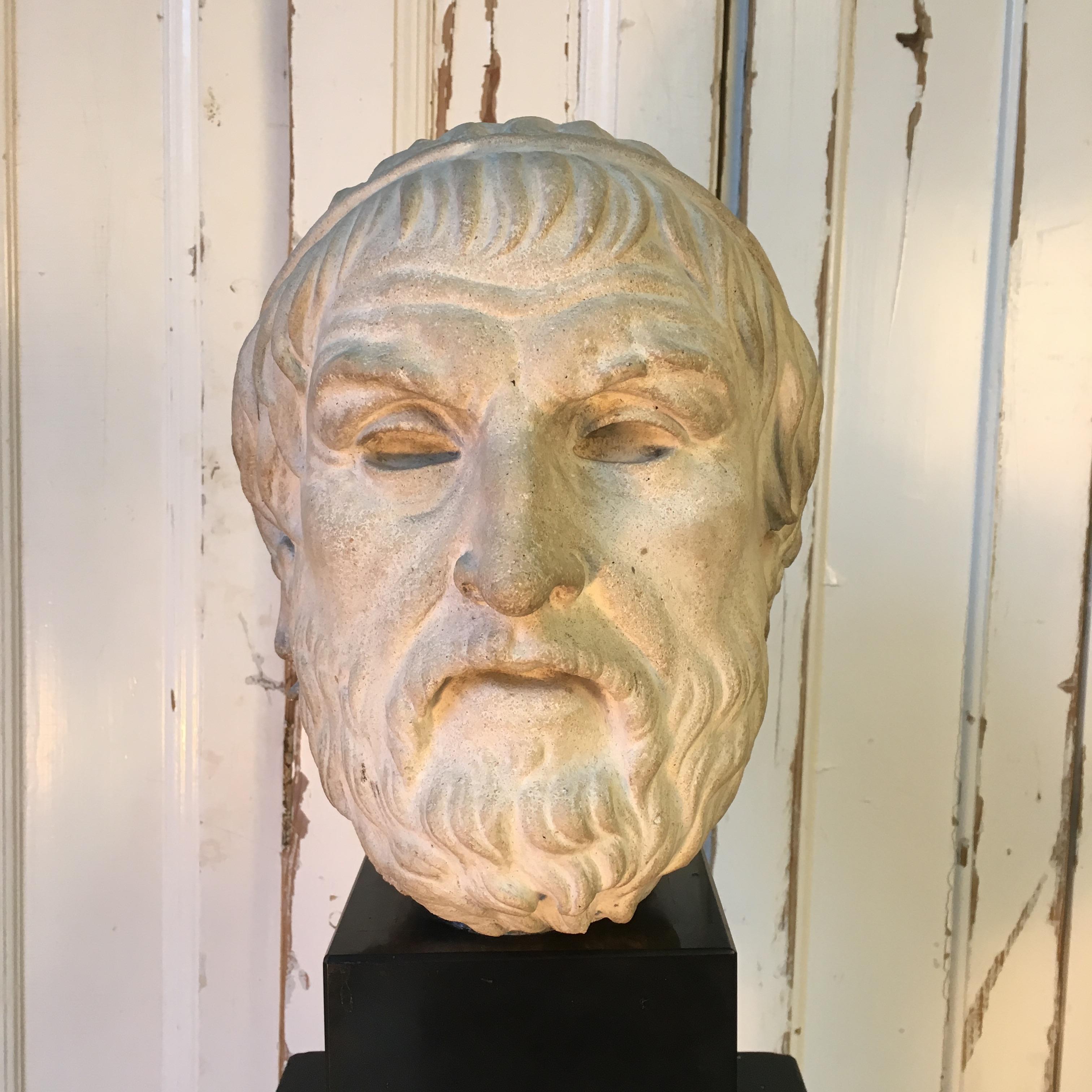 20th Century Greek Stone Head with Marble Base