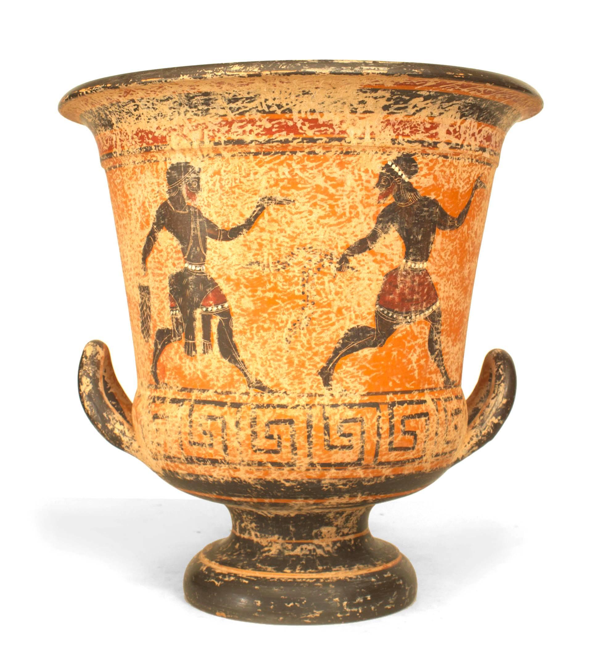 Greek style (20th century) black figure painted terracotta urn (calyx krater) with handles.
  