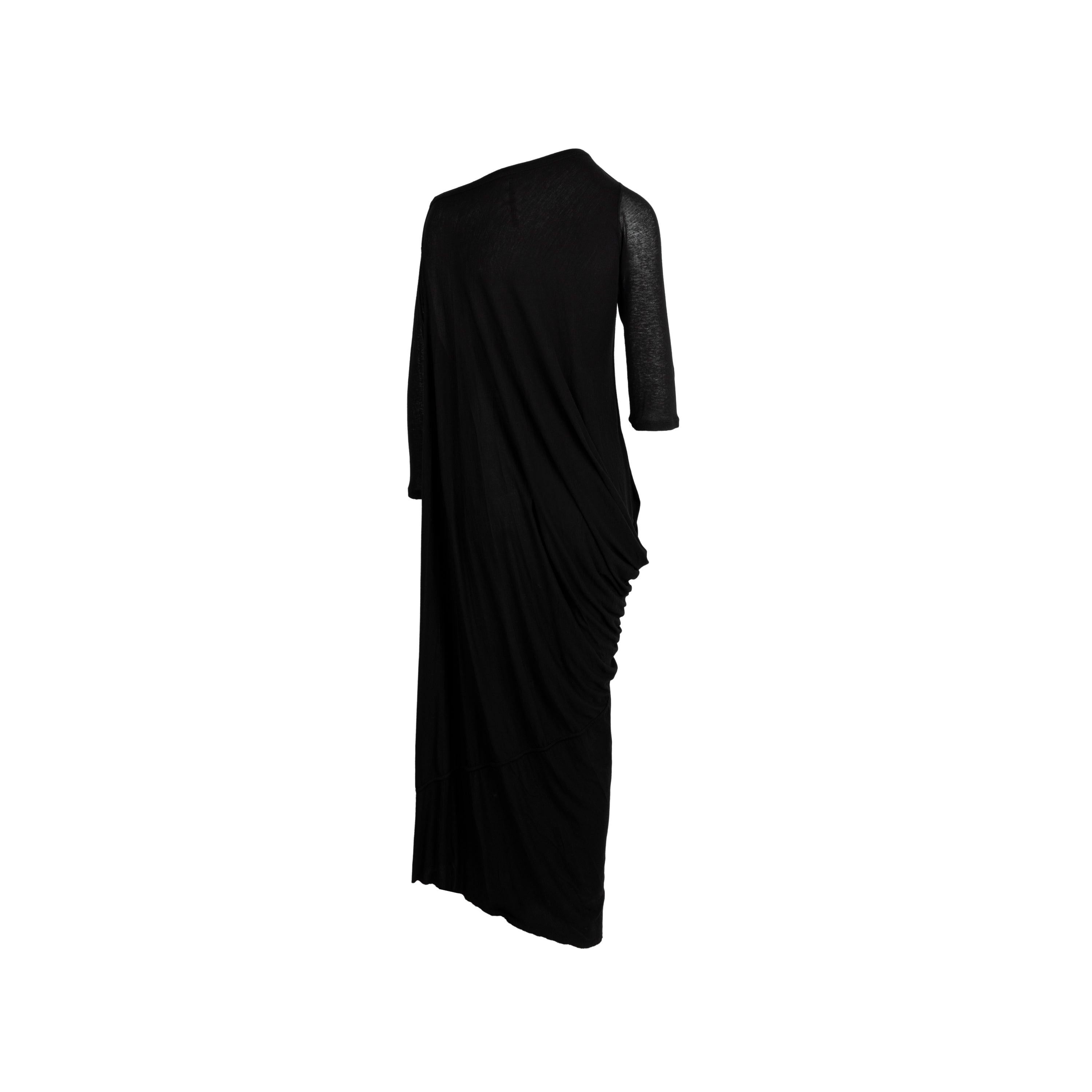 Rick Owens long black dress. Greek style, asymmetrical neckline and long sleeves. Total length:140; Arms:42; Bust:57; Shoulders:7;