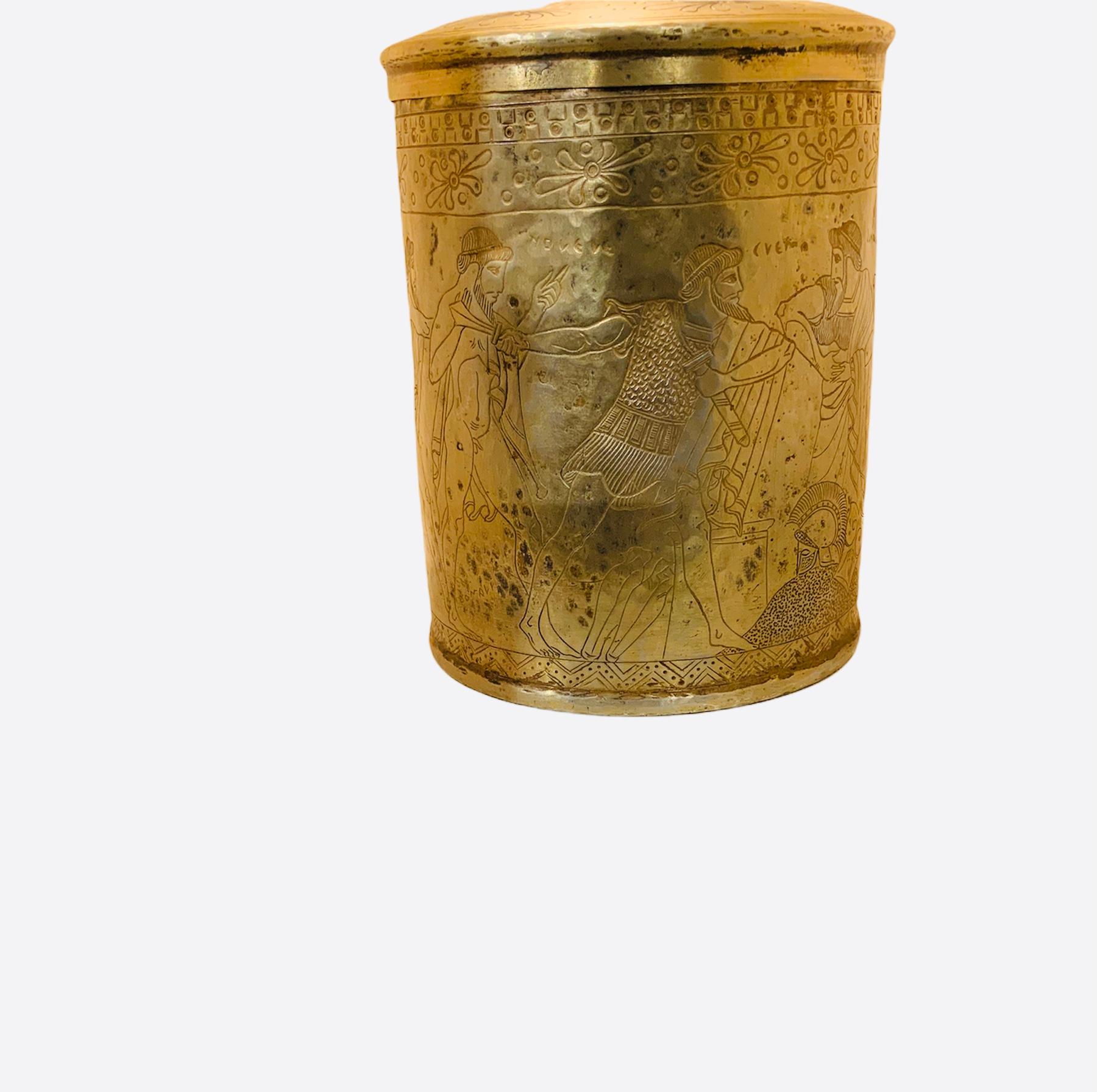 Classical Greek Greek Style Engraved and Chased Gold Tone Metal Large Pyxis For Sale