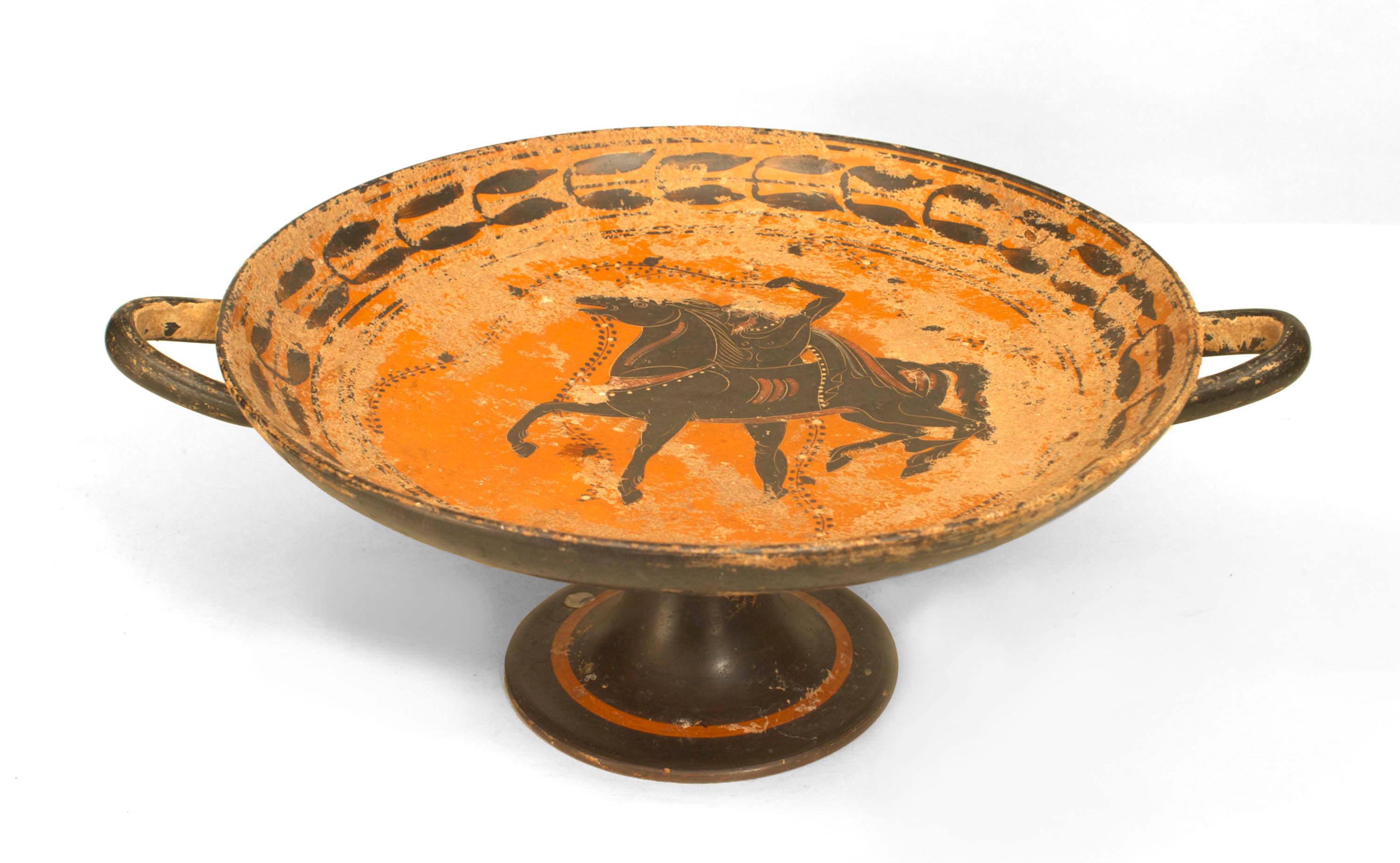 2 Greek-style (20th Century) black figure painted terracotta footed bowls with handles (PRICED EACH).
 