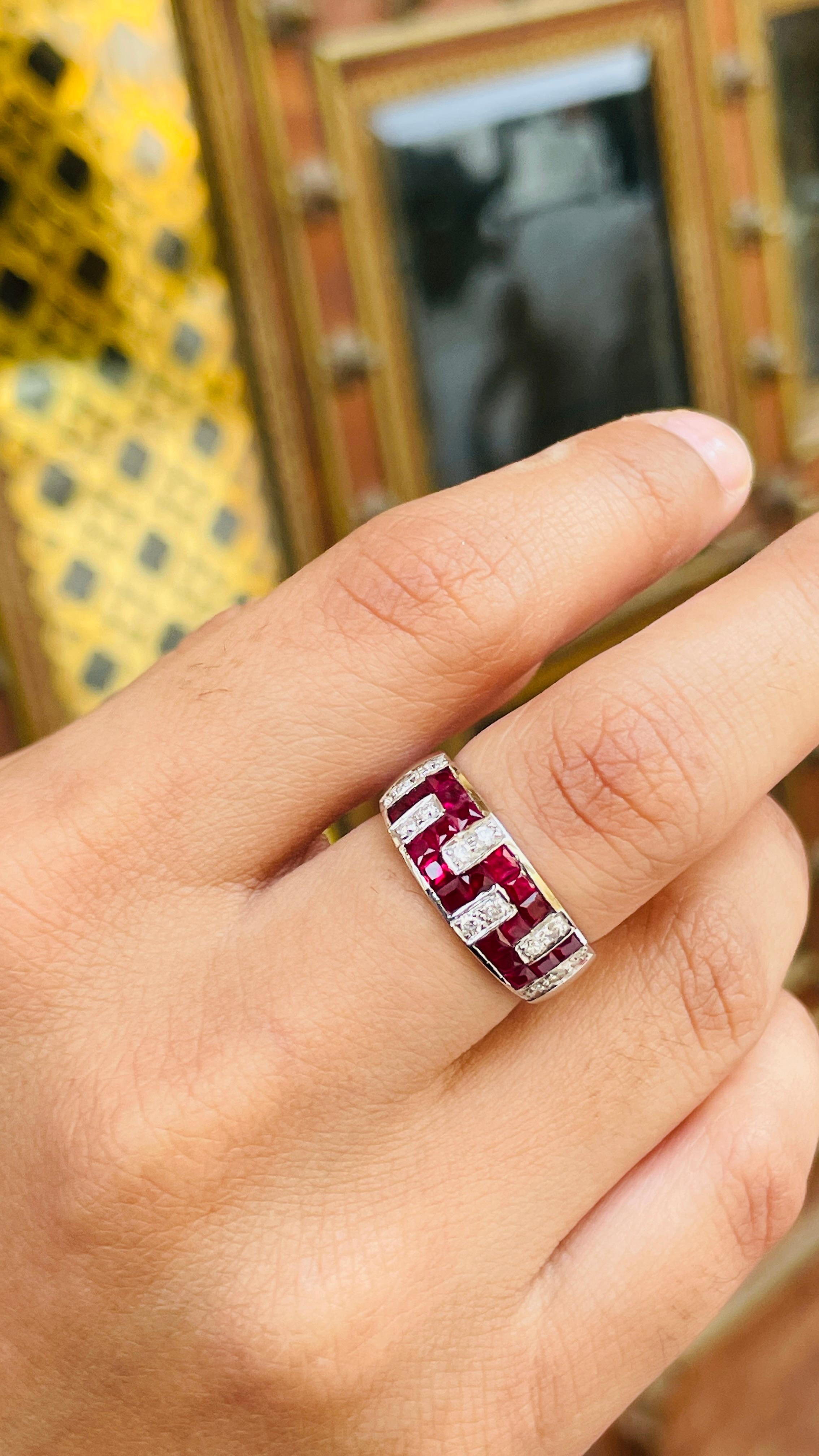 For Sale:  Contemporary Ruby Diamond Unisex Wedding Band Ring in 18k Solid White Gold 10