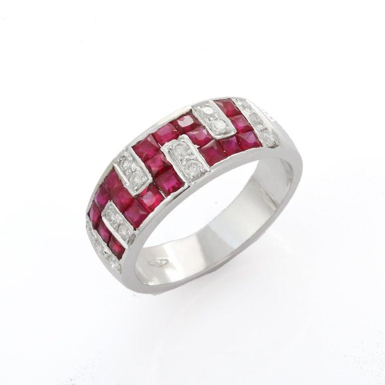 For Sale:  Contemporary Ruby Diamond Unisex Wedding Band Ring in 18k Solid White Gold 11