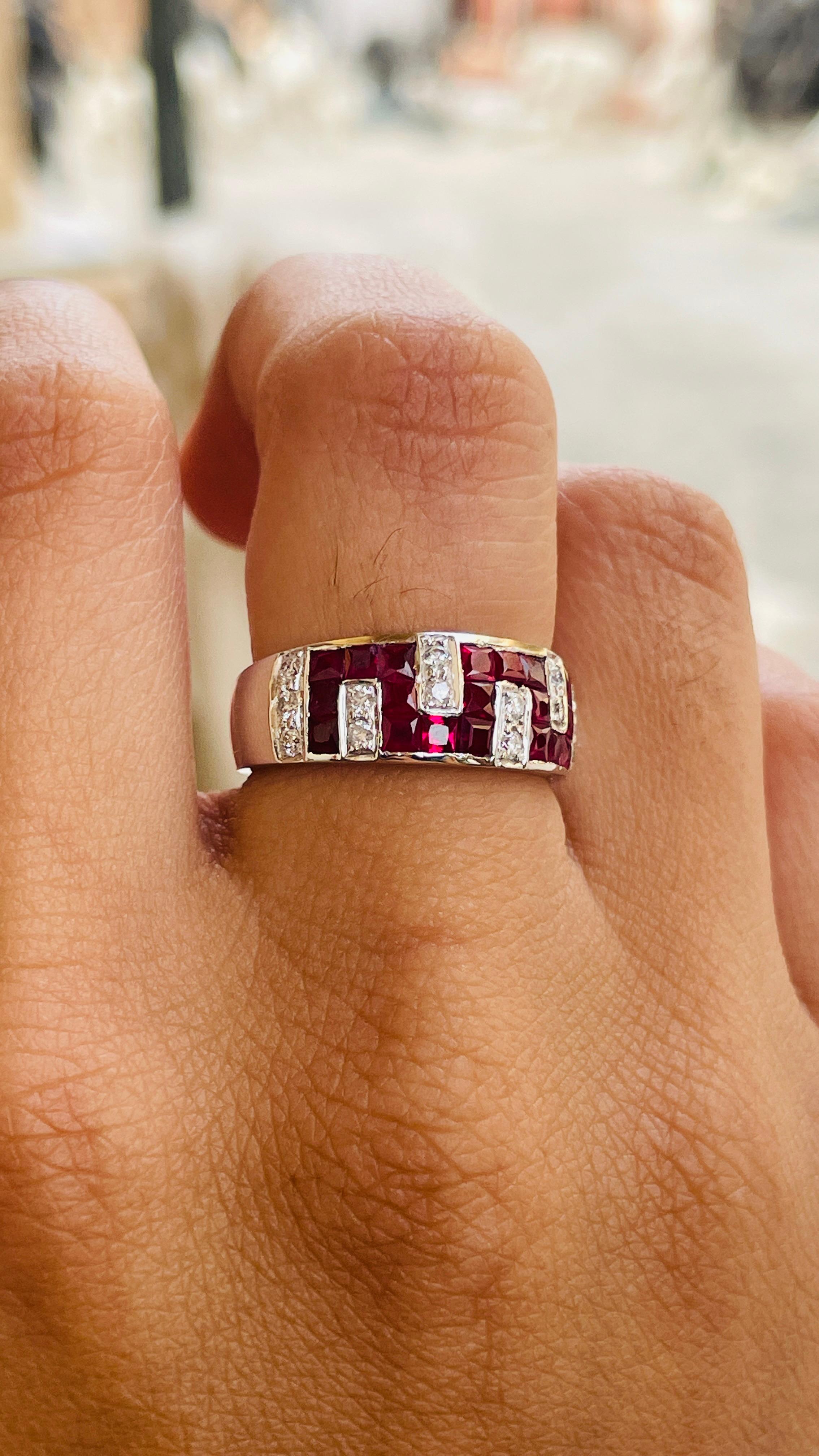 For Sale:  Contemporary Ruby Diamond Unisex Wedding Band Ring in 18k Solid White Gold 12