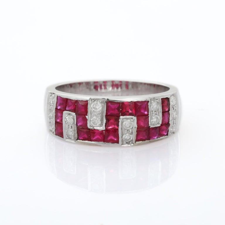 For Sale:  Contemporary Ruby Diamond Unisex Wedding Band Ring in 18k Solid White Gold 13