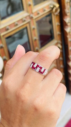 Contemporary Ruby Diamond Unisex Wedding Band Ring in 18k Solid White Gold