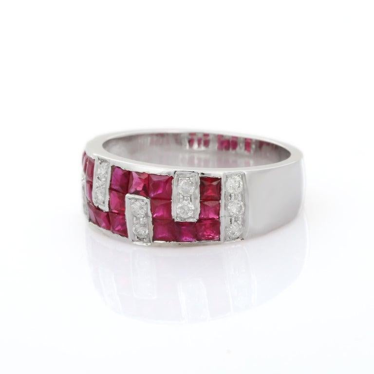For Sale:  Contemporary Ruby Diamond Unisex Wedding Band Ring in 18k Solid White Gold 4