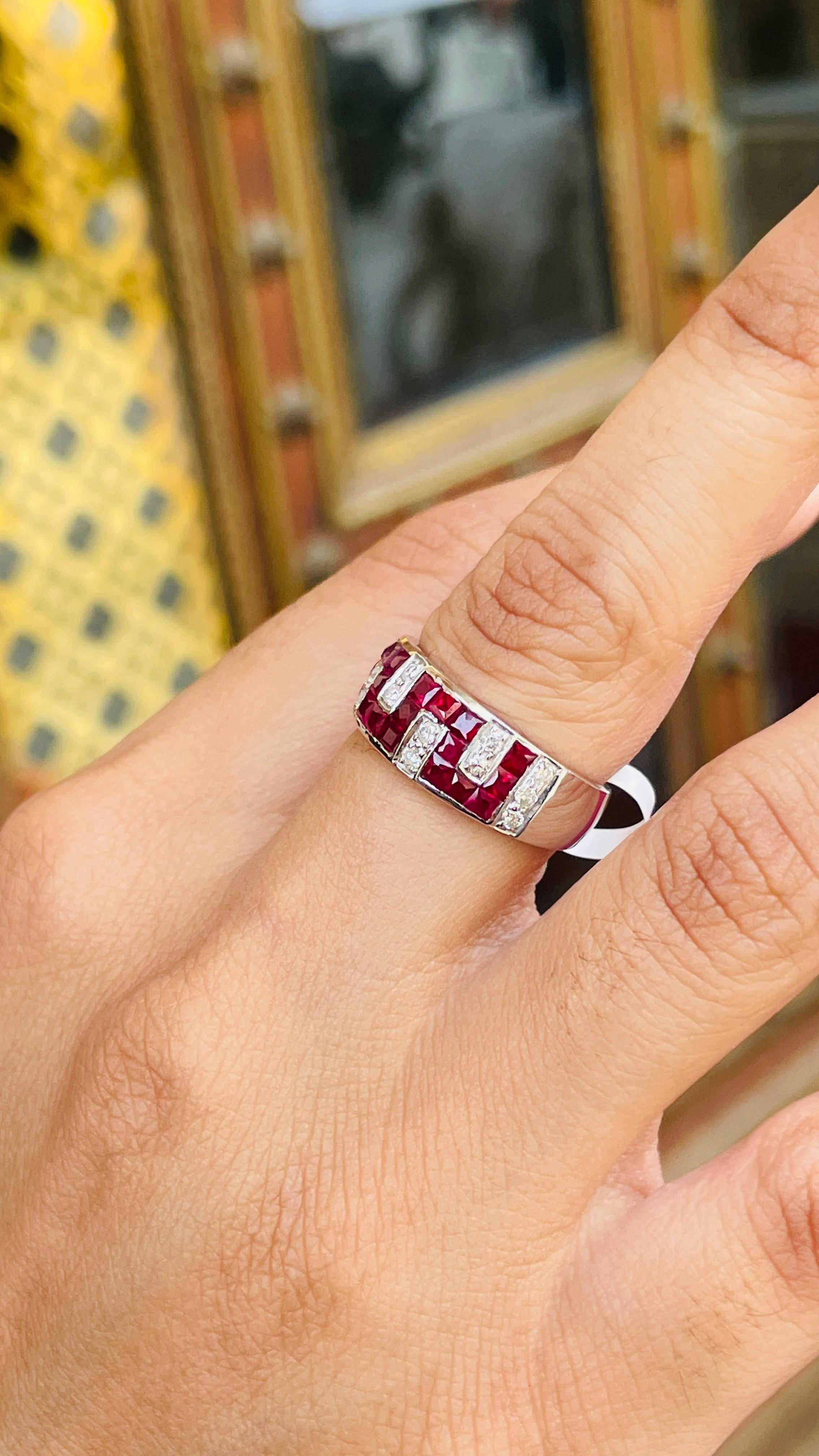 For Sale:  Contemporary Ruby Diamond Unisex Wedding Band Ring in 18k Solid White Gold 5