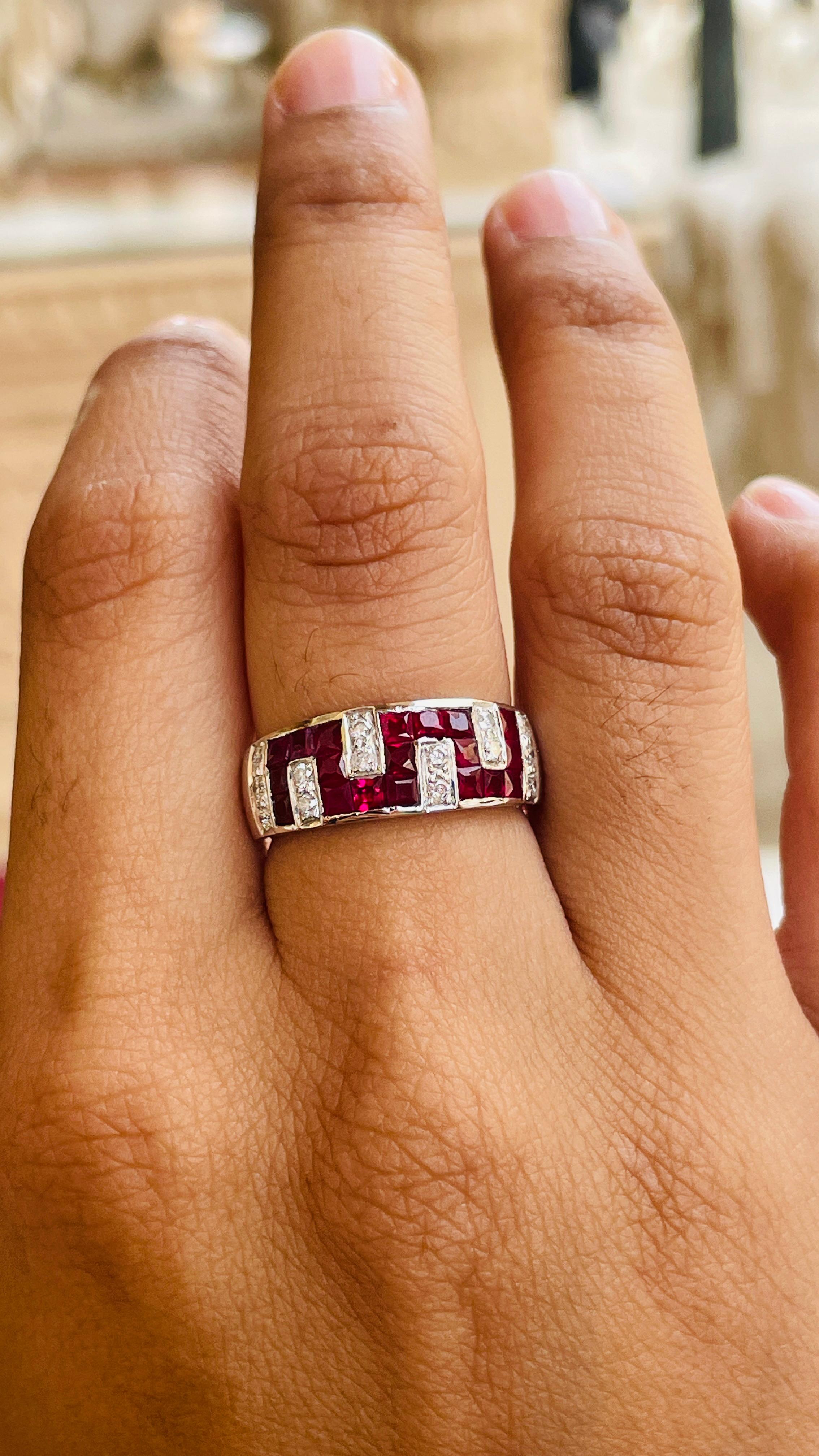 For Sale:  Contemporary Ruby Diamond Unisex Wedding Band Ring in 18k Solid White Gold 6
