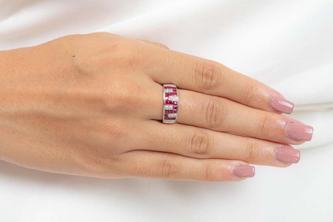 For Sale:  Contemporary Ruby Diamond Unisex Wedding Band Ring in 18k Solid White Gold 8