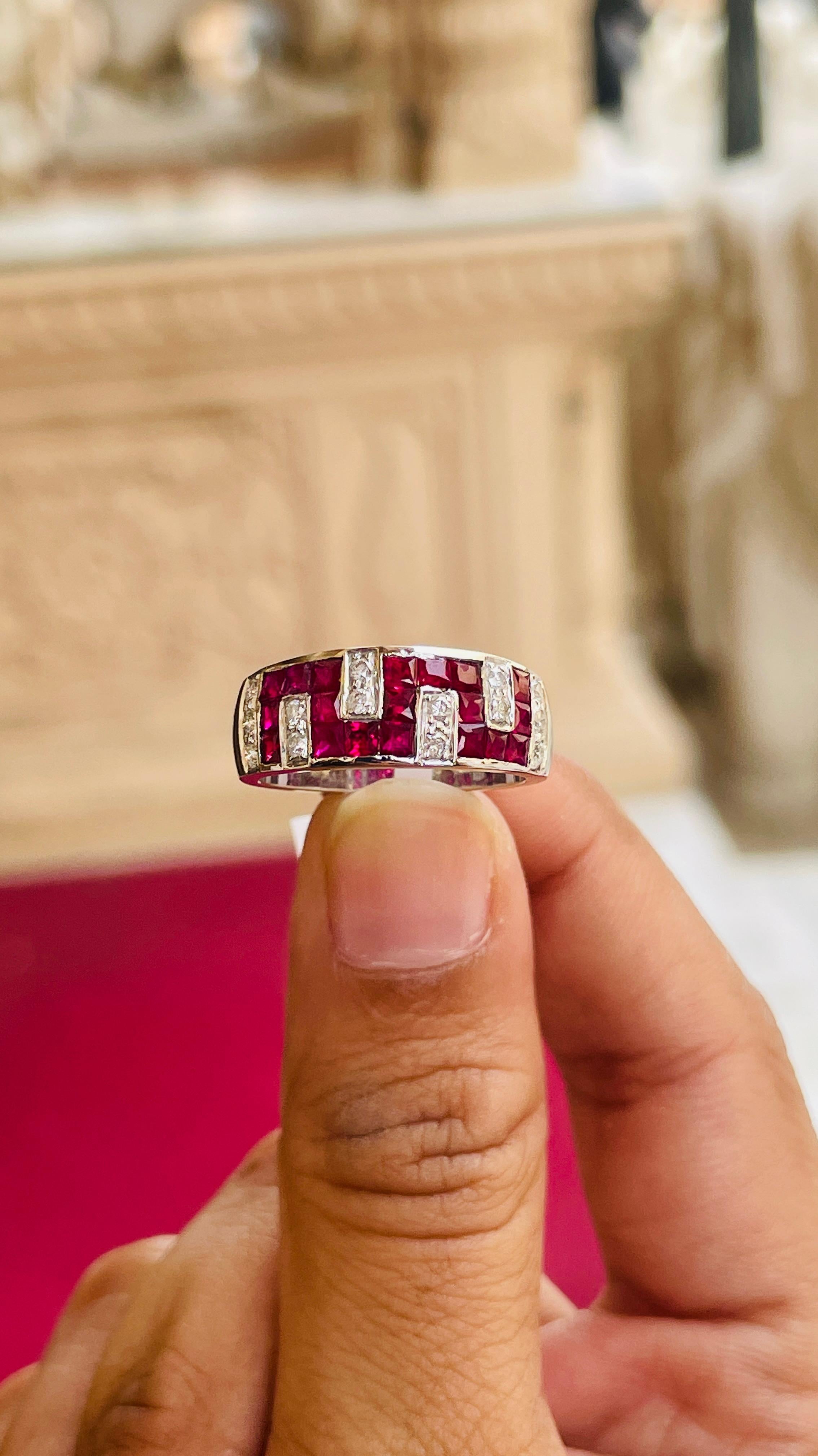 For Sale:  Contemporary Ruby Diamond Unisex Wedding Band Ring in 18k Solid White Gold 9