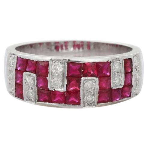 Alianza Unisex Contemporánea de Rubí y Diamante en Oro Blanco Macizo de 18k