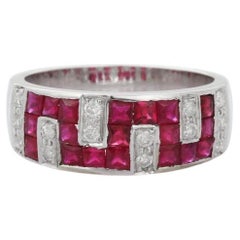 Anneau de mariage unisexe contemporain en or blanc massif 18k avec rubis et diamants