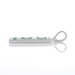 Greek Style Square Cut Emerald Bar Pendant in 18K White Gold with Diamonds