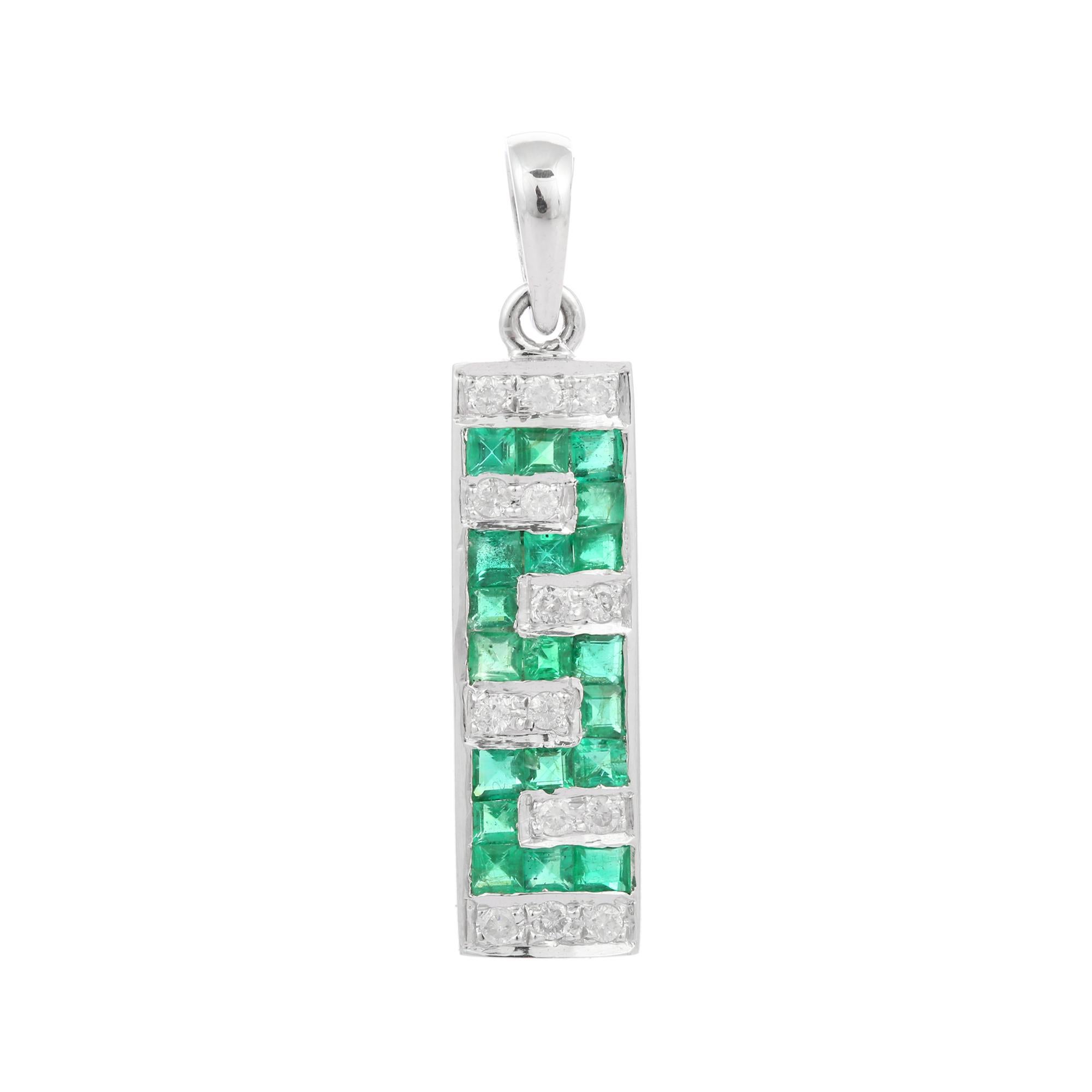 Artist Greek Style Square Cut Emerald Bar Pendant in 18K White Gold with Diamonds For Sale