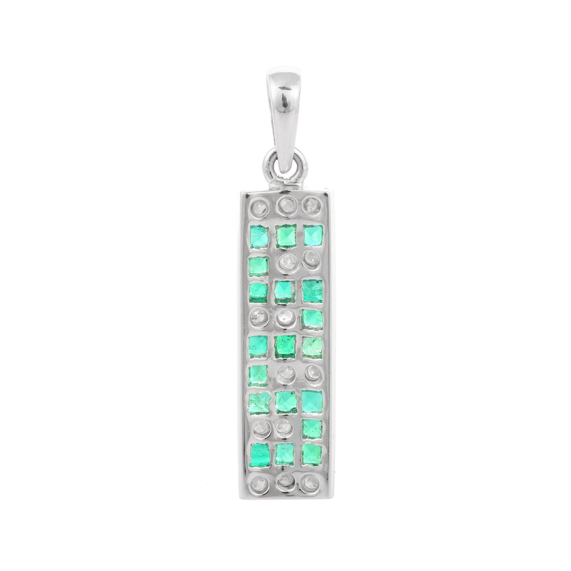 Greek Style Square Cut Emerald Bar Pendant in 18K White Gold with Diamonds In New Condition For Sale In Houston, TX