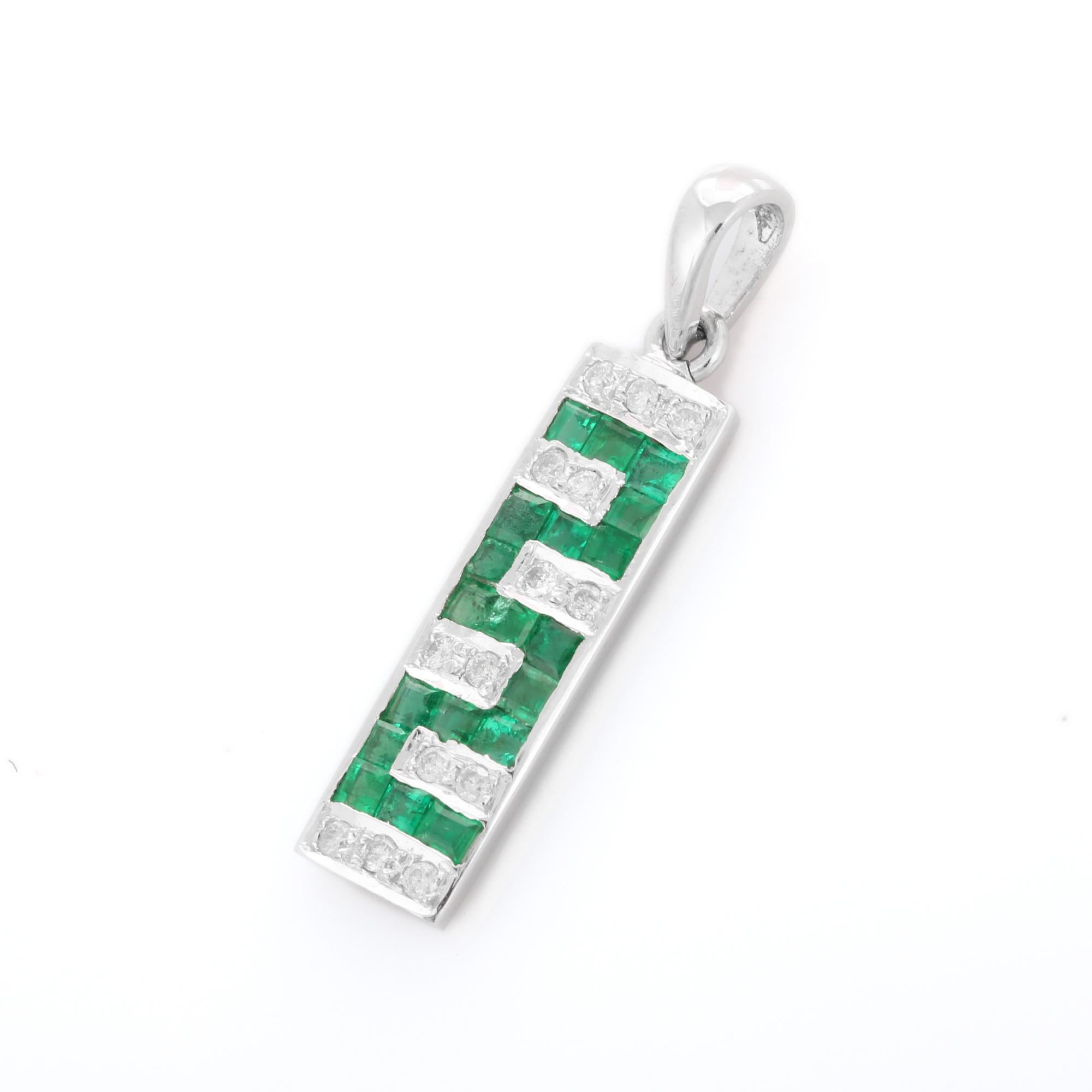 Women's Greek Style Square Cut Emerald Bar Pendant in 18K White Gold with Diamonds For Sale