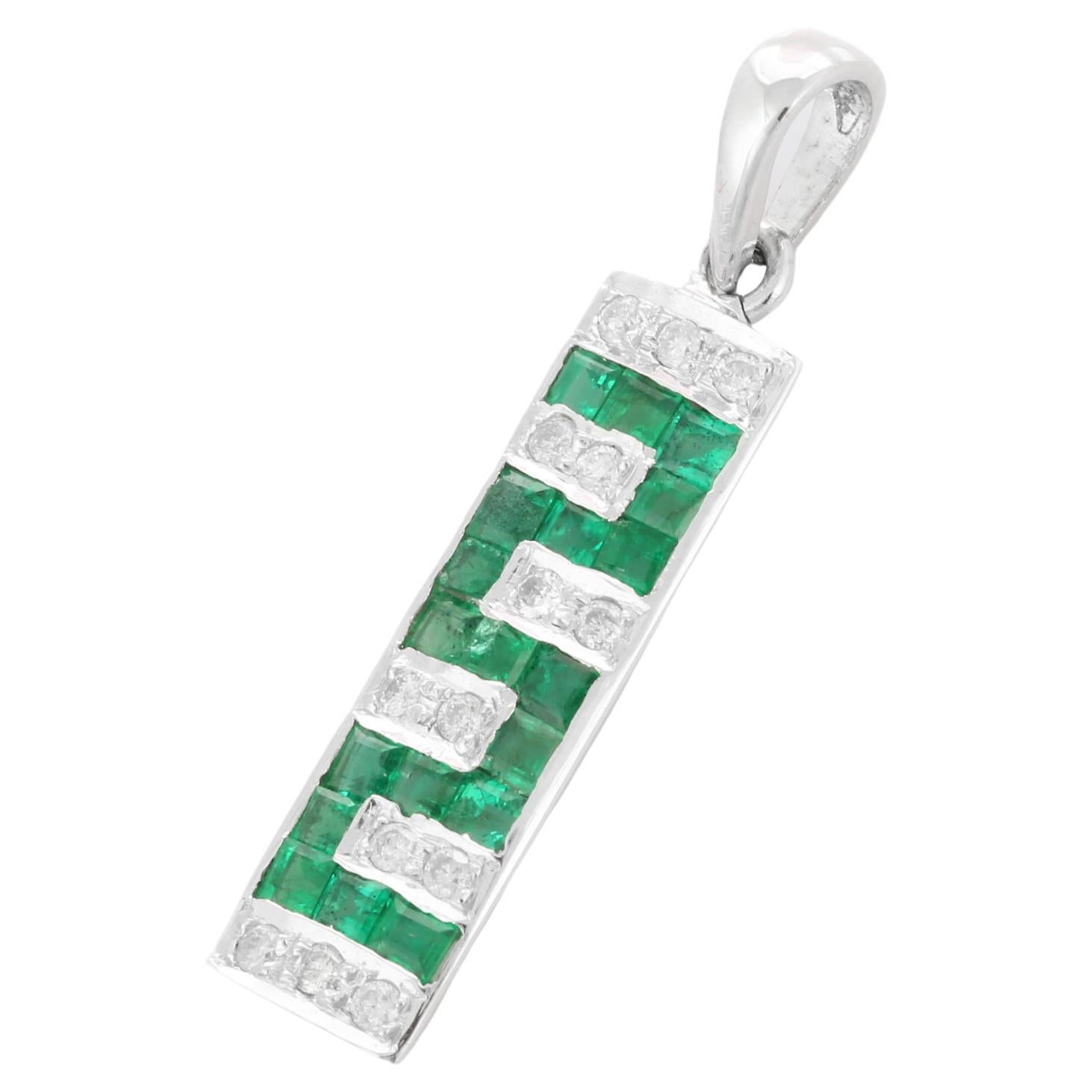 Greek Style Square Cut Emerald Bar Pendant in 18K White Gold with Diamonds For Sale