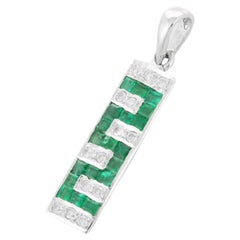 Greek Style Square Cut Emerald Bar Pendant in 18K White Gold with Diamonds
