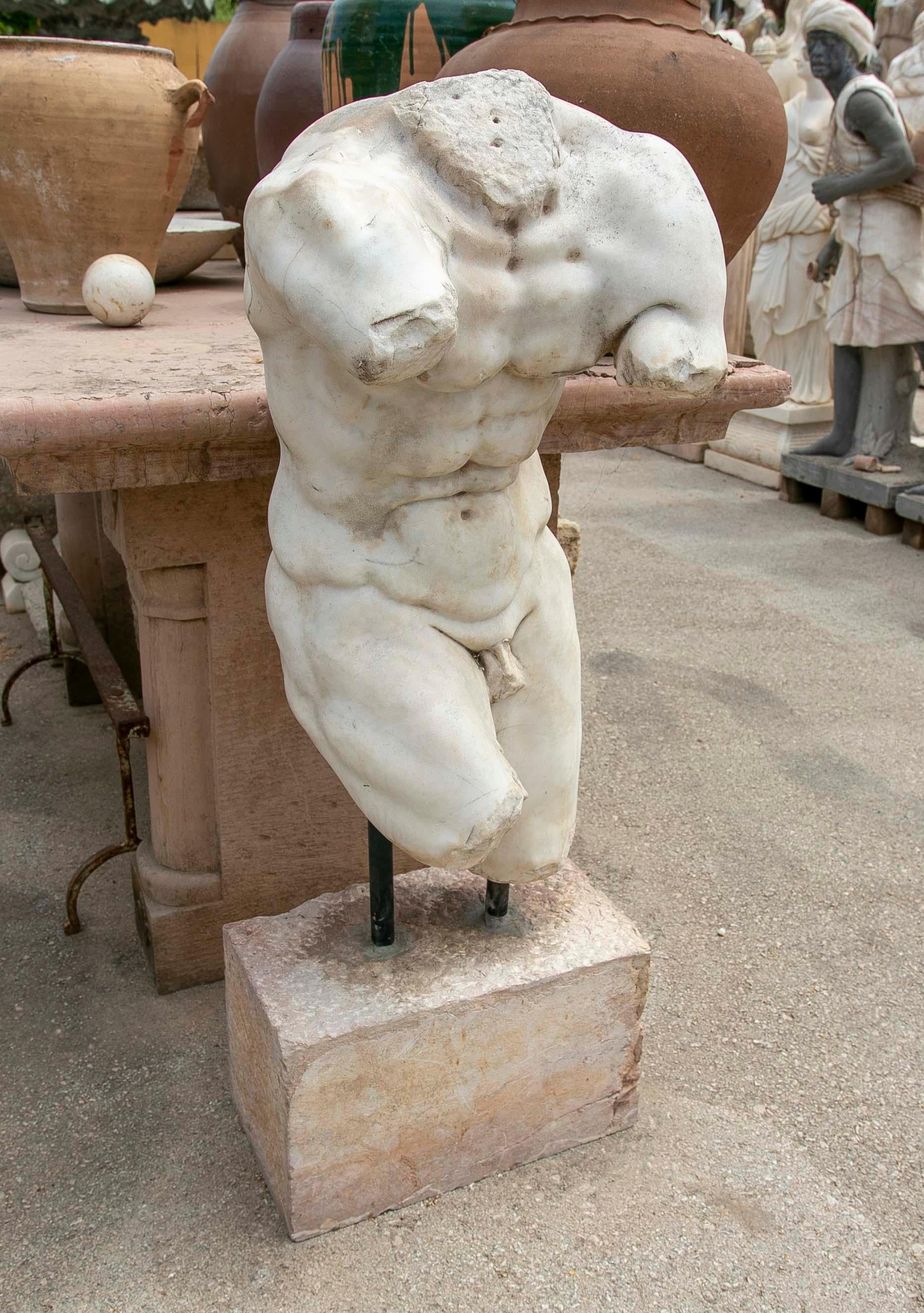 Italian Greek Style Very Realistic Hand-Carved Torso of a Man on a Pedestal 