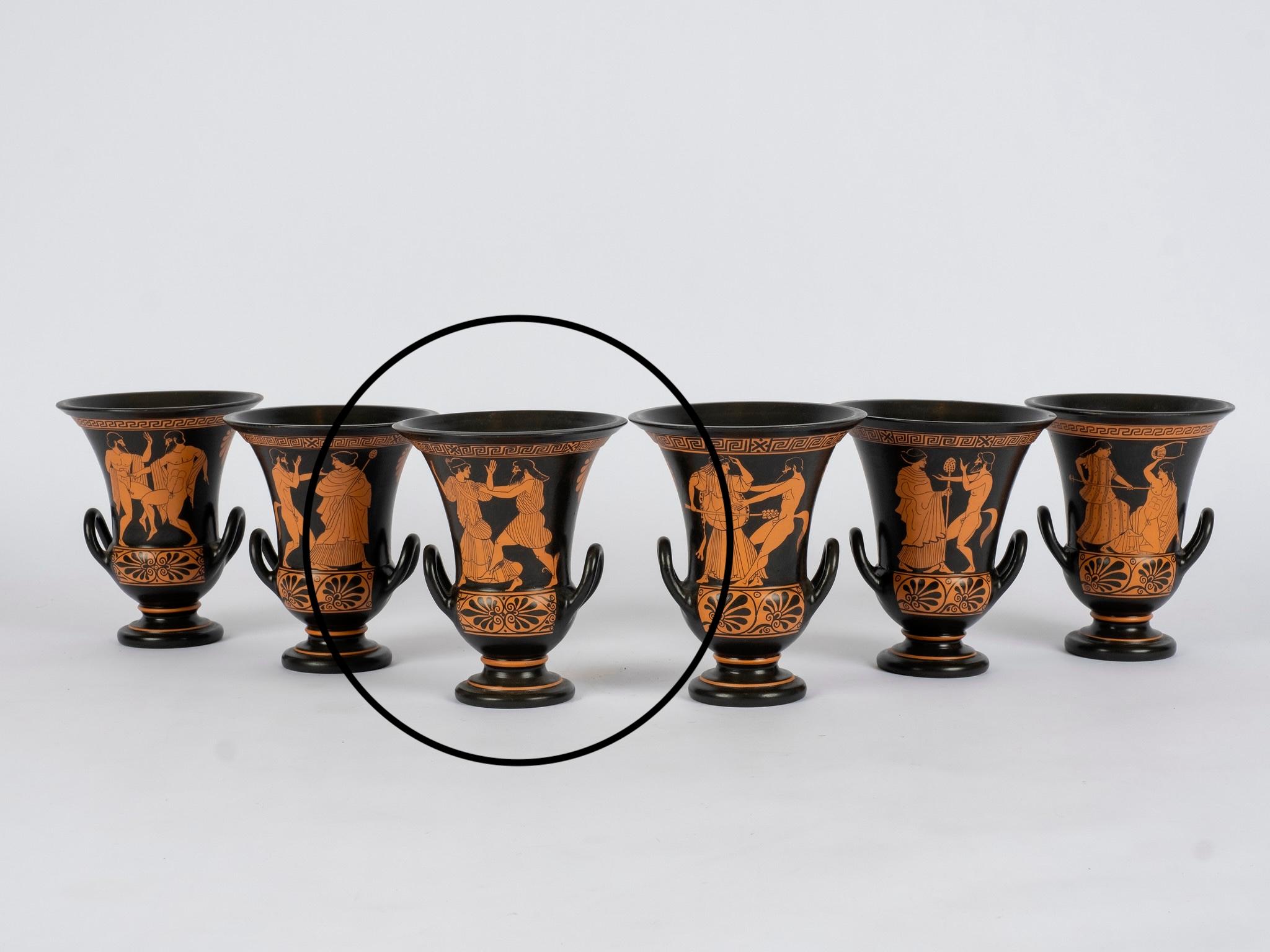 Mid 20th century Attica terra cotta kalyx-kraters featuring gods and goddesses in early Classical Greek scenes. Two handle bowls were made for mixing wine and water and named after the shape of the calyx on a flower. 