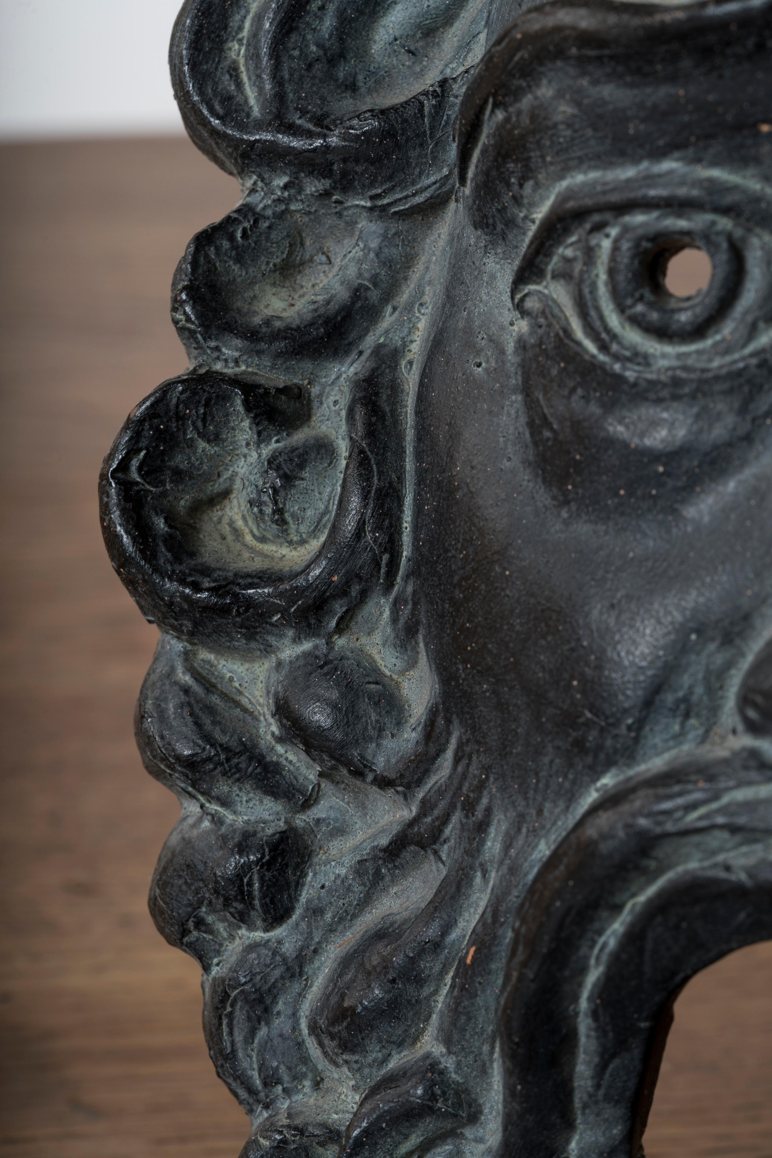 French Greek Tragedy Black Terracotta Mask - France 1950's For Sale
