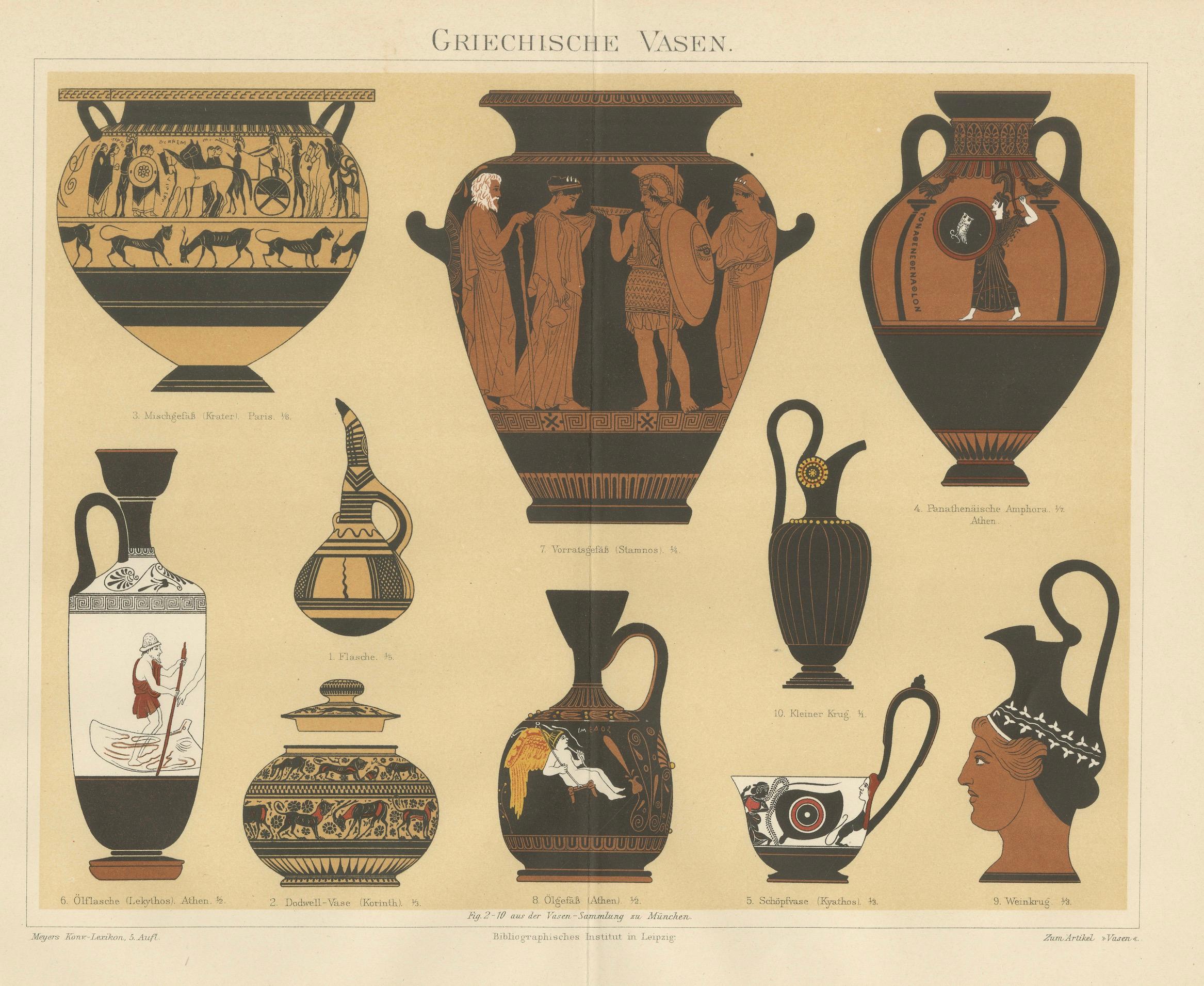 Greek Vases and Amphorae – Classical Antiquity Chromolithograph, Meyers 1898