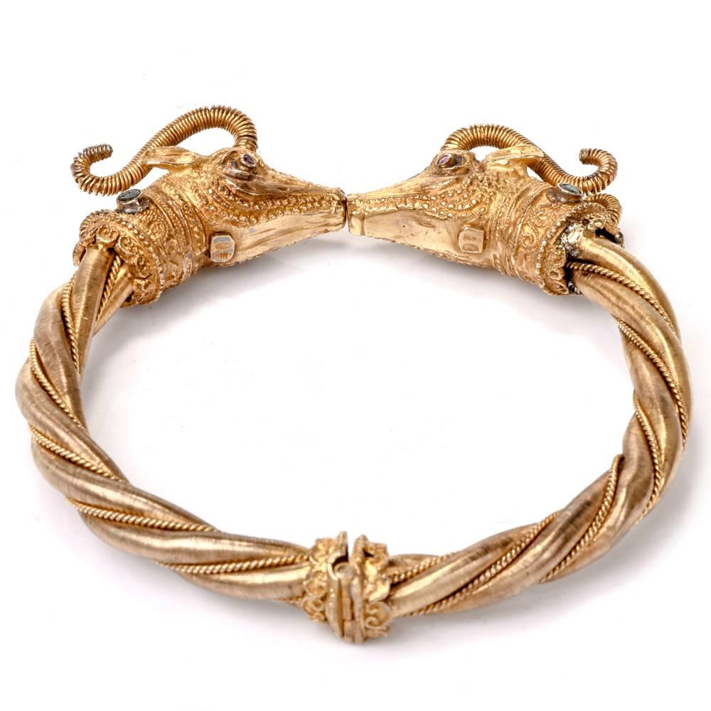 Women's Greek Vintage Double Ram's Head Gold Bangle Bracelet