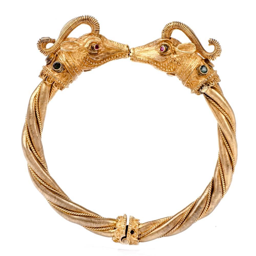 Greek Vintage Double Ram's Head Gold Bangle Bracelet