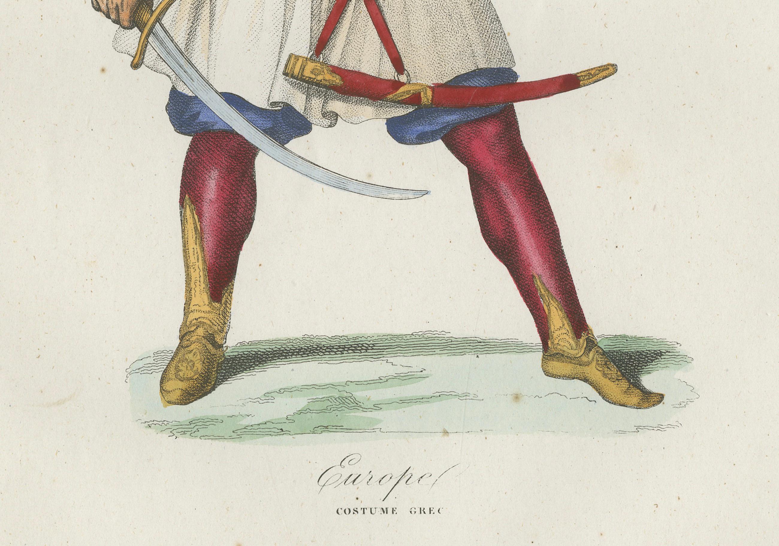 Griechischer Krieger Kostüm Druck - Antike handkolorierte Lithographie, 1854

Diese antike handkolorierte Lithografie, die 1854 in Album des Voyages Anciens et Modernes von Martial Ardant Frères veröffentlicht wurde, zeigt einen traditionellen