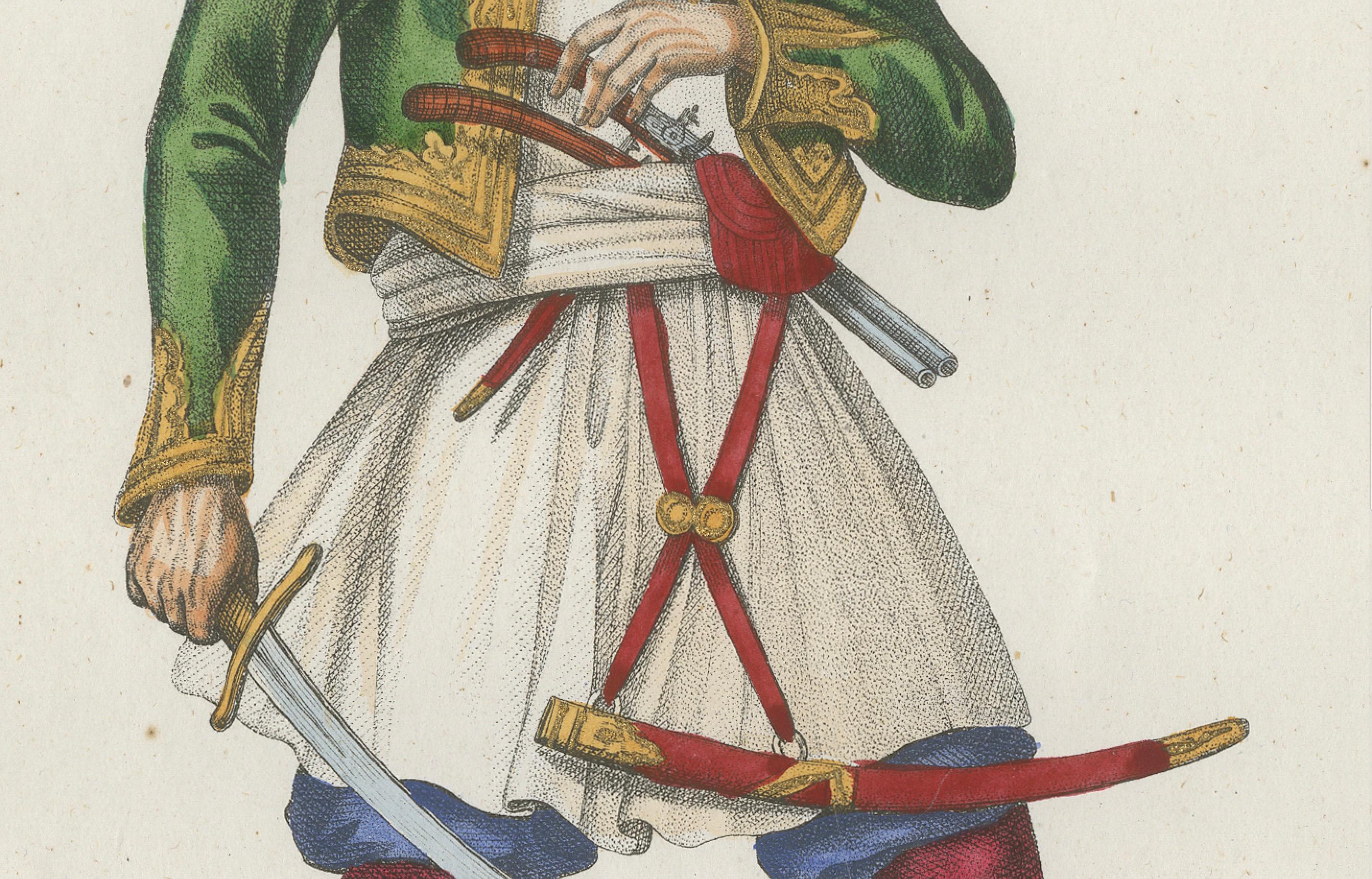 Griechischer Krieger Kostüm Druck - Antike handkolorierte Lithographie, 1854 (Französisch) im Angebot