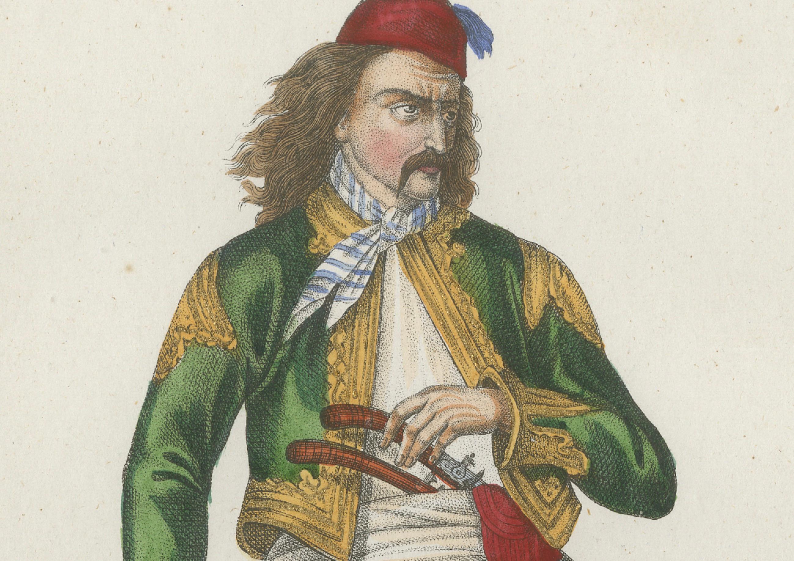 Griechischer Krieger Kost�üm Druck - Antike handkolorierte Lithographie, 1854 im Zustand „Gut“ im Angebot in Langweer, NL