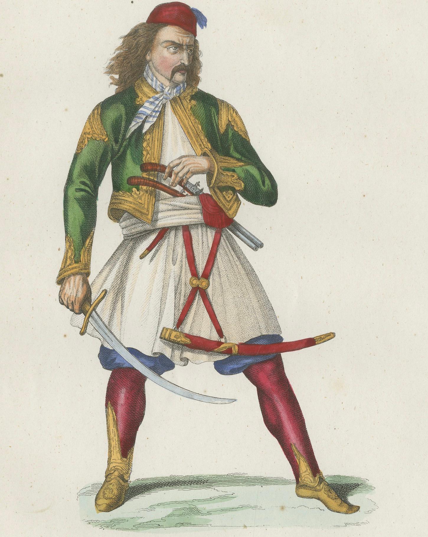 Griechischer Krieger Kostüm Druck - Antike handkolorierte Lithographie, 1854 (19. Jahrhundert) im Angebot